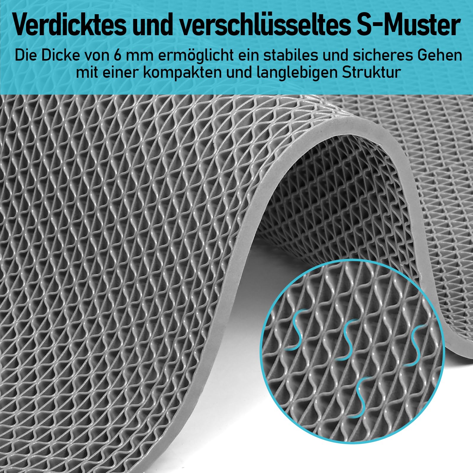 Tapis de sol de drainage en maille PVC - 90 x 200 cm - Antidérapant - Pour salle de bain et douche - Épaisseur : 6 mm - Densité accrue - Gris - Pour zone humide, piscine, buanderie