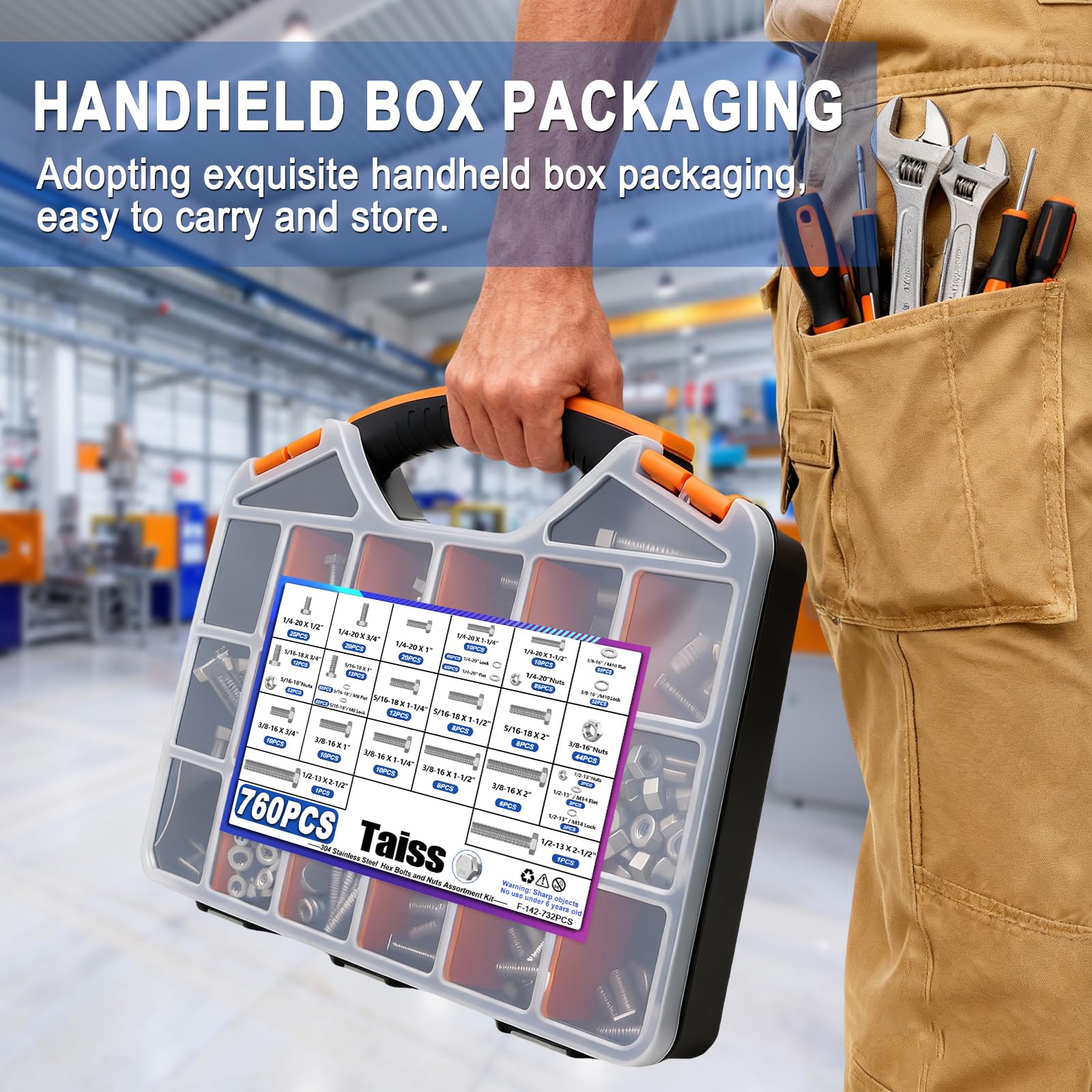 Taiss 760PCS 304 Stainless Steel Hex Bolts Kit,1/4-20 5/16-18 3/8-16 1/2-13 — Amazon image 4