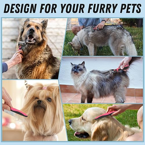 Miniatura 28 de Combo de cepillo de aseo para mascotas y peine de metal, rastrillo para desenfundar y quitar el pelo largo enmarañado, color morado Púrpura