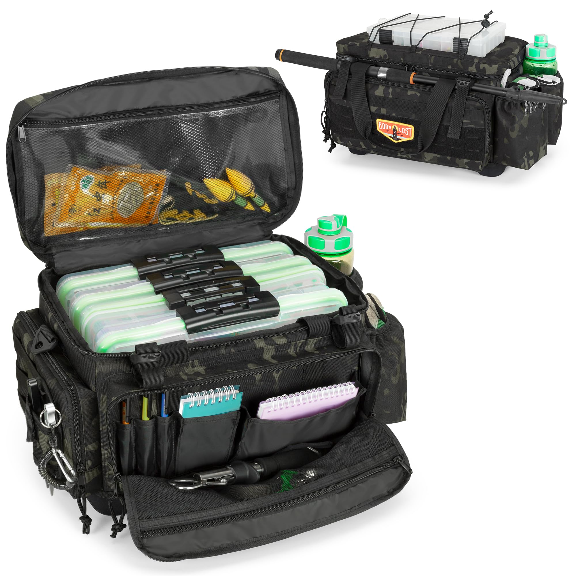 GOBUROS Waterproof Fishing Tackle Bag with Waterproof EVA Bottom (No Tackle Boxes in Package), Soft Tackle Box Storage Bag with Rod Holder, Pliers