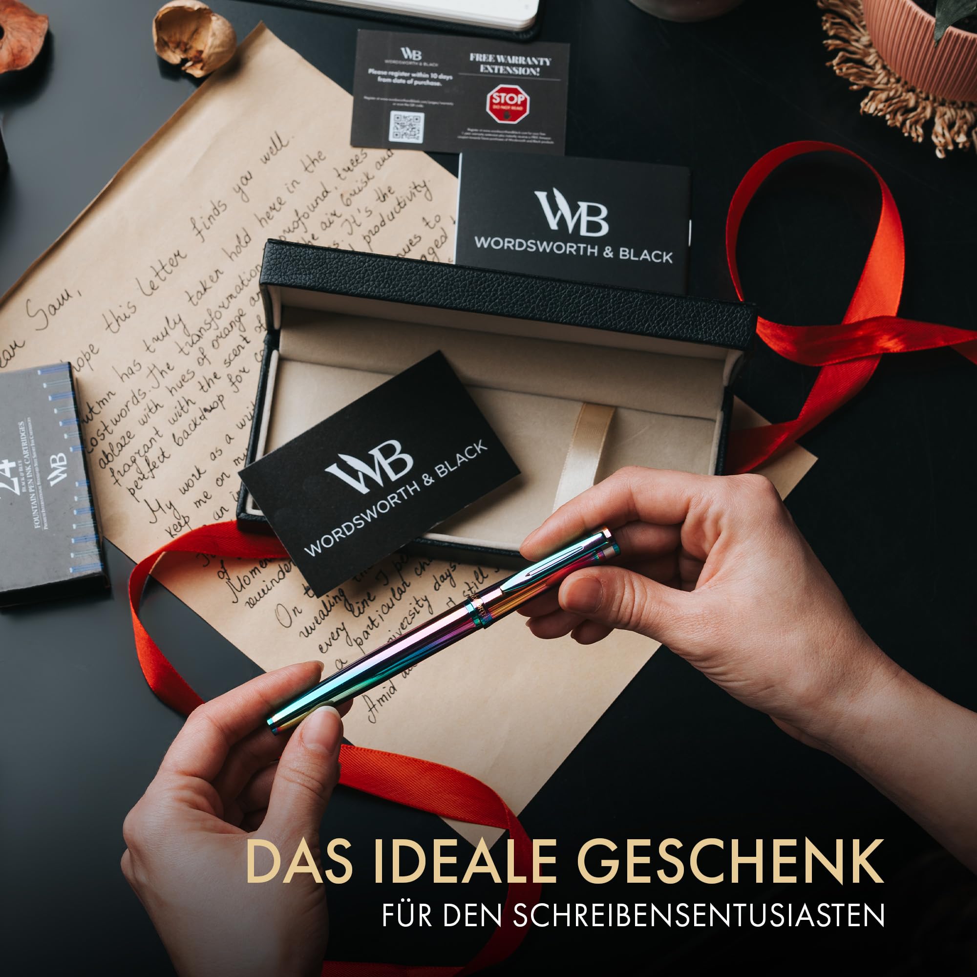 Wordsworth & Black Füllfederhalter-Set, mittlere 18-Karat-Goldfeder, inklusive 24 Tintenpatronen, Kolbenkonverter und Geschenkbox, goldfarben, Kalligraphie, Regenbogen