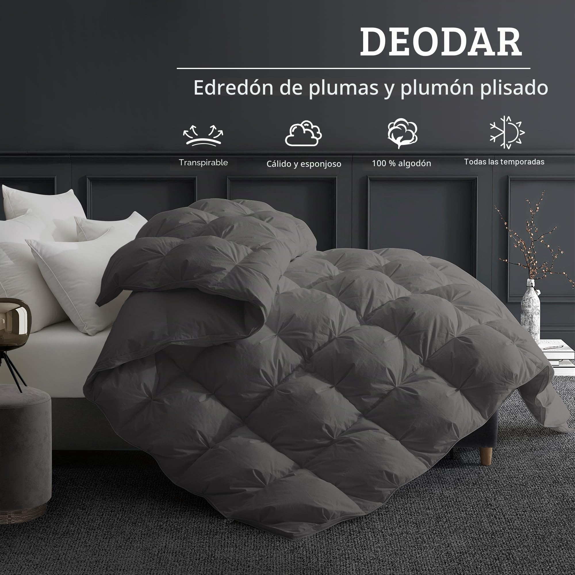 Deodar Edredón Cama 135/150 | Edredón 220x240 para 2 Personas | Relleno de Plumón de Ganso Blanco y Plumas 420 GR/m² | Funda Nórdica 100% Algodón | Lavable | Öko-Tex y RDS | Gris Oscuro