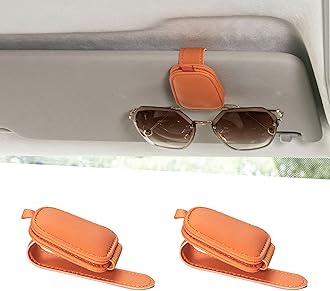 Yuoyar Sunglass Holder for Car, Magnetic Leather Sunglasses Holder and Ticket Card Clip, Car Visor Accessories, 2 Packs (Orange)