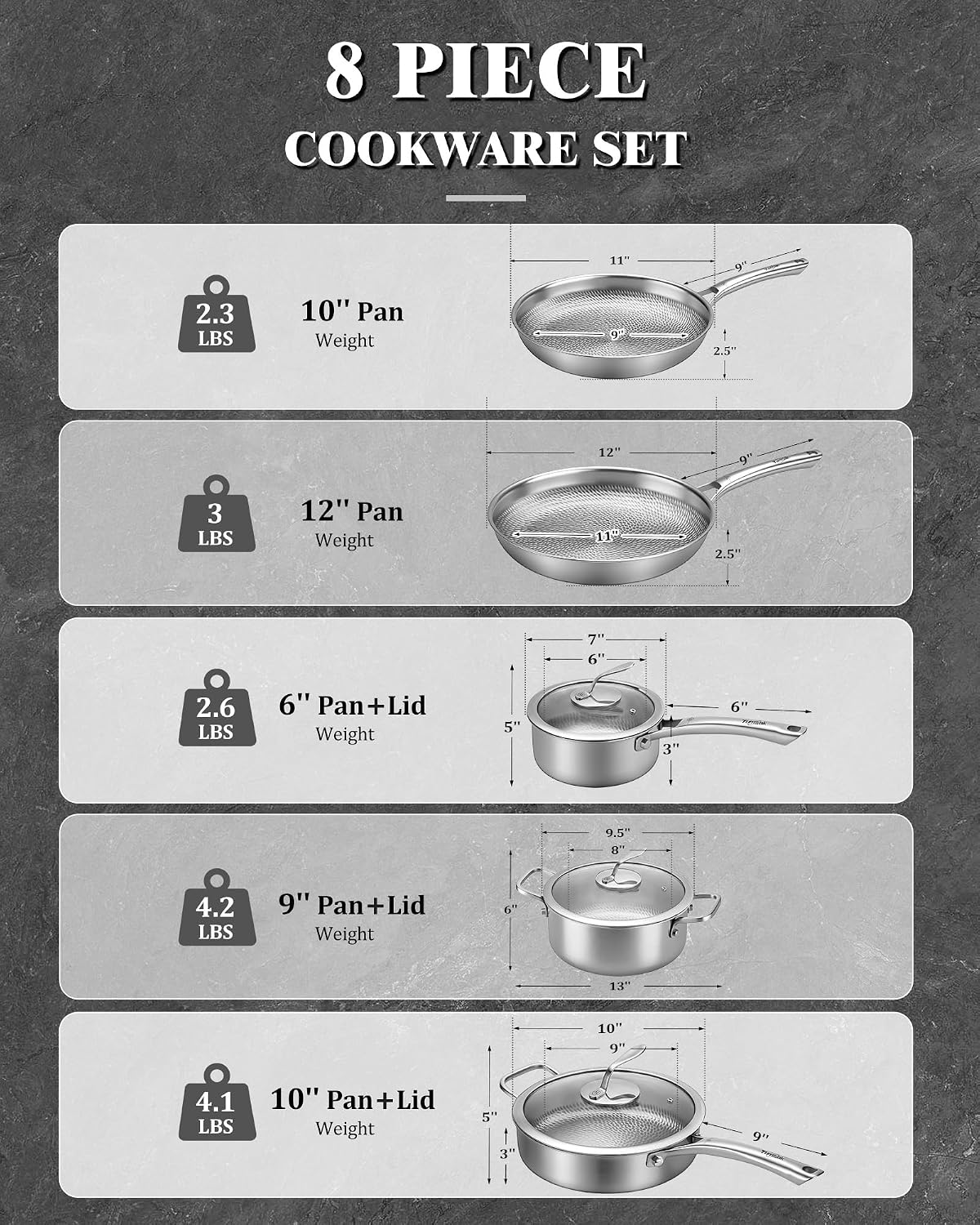 Titanium Cookware Set, 8-Piece Pots and Pans Set, Non-Stick Hammered Pro Titanium Pan with Lid, PFAS/PFOA/PTFE-Free, Dishwasher & Oven Safe, Compatible with Gas Stoves and Induction Cooktops