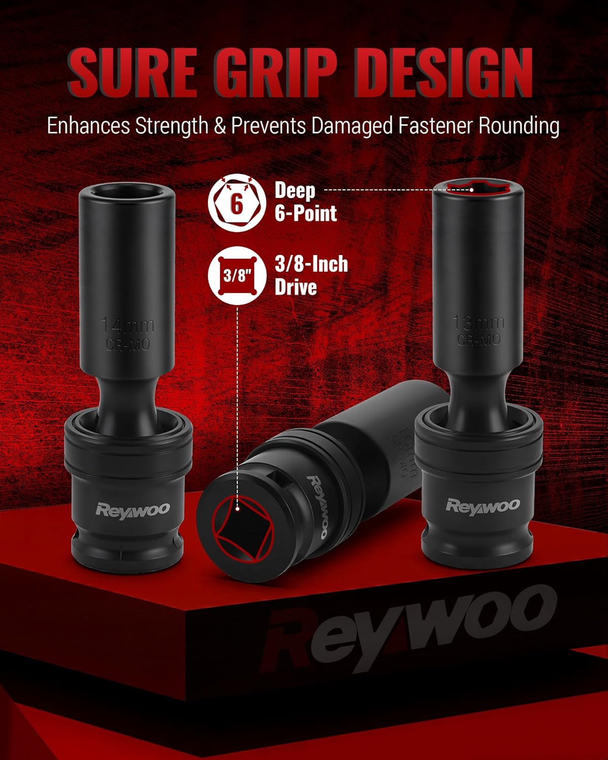 Reywoo 10-piece 3/8" Drive Deep Swivel Socket Set, 3/8 Impact Socket Set, Universal Joint 6 Point Metric, 10-19 mm, CR-MO Impact Grade