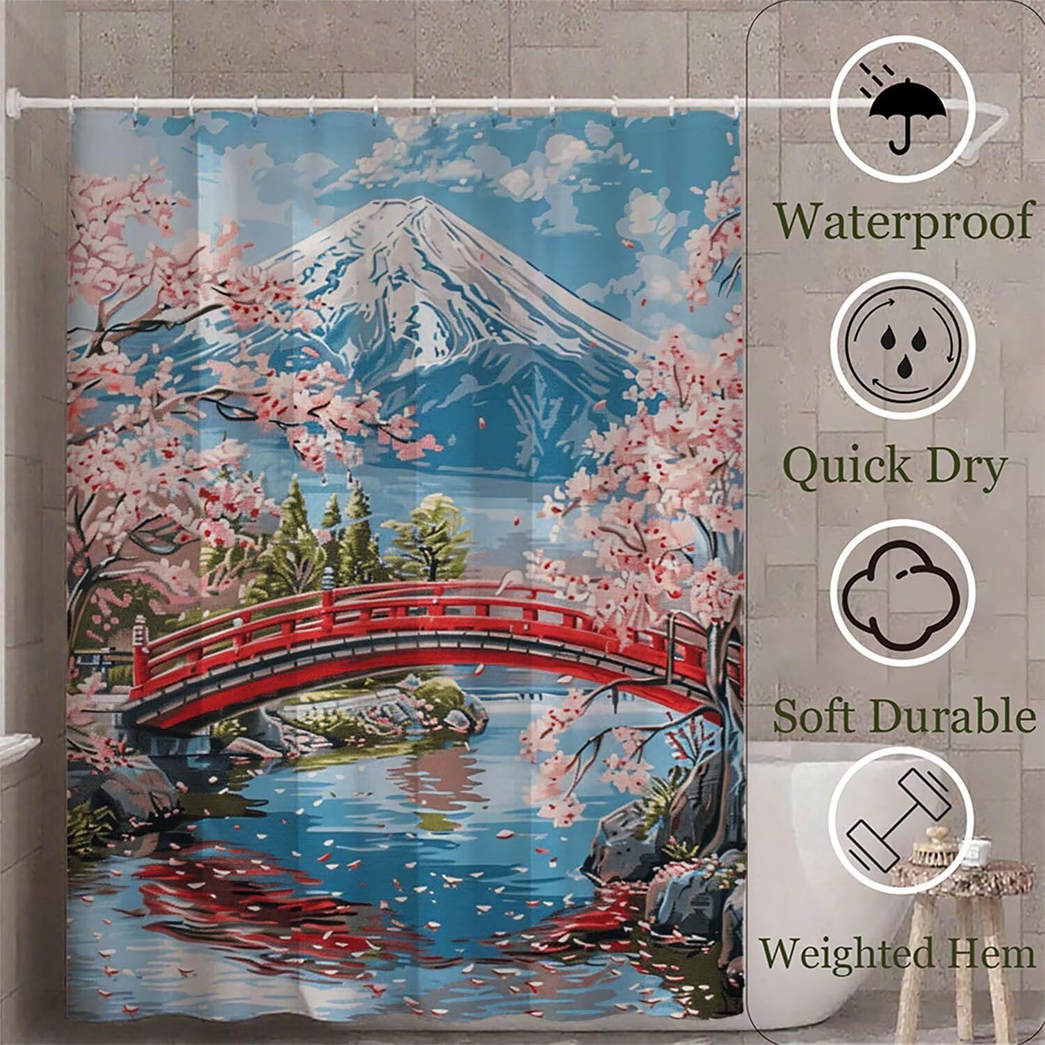 Cortina de Ducha Paisaje,Japón Cortina Ducha 180 x 200 cm,Cortinas de Baño Impermeable Poliester Lavable,Dobladillo Ponderado,Shower Curtain Secado Rápidopara Bañeras y Cuartos de Baño,Regalo G-633