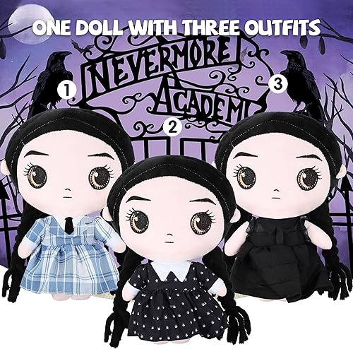 Miniatura 2 de Rugvan Adorable juguete de peluche de miércoles con 3 trajes de vestir, muñeca de miércoles de Halloween de 10 pulgadas con vestidos, juego de