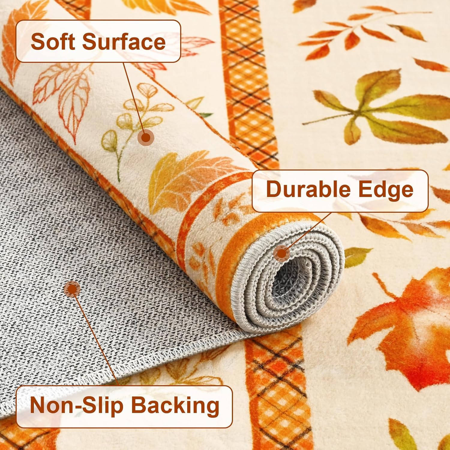 FRAMICS Fall Area Rug 3x5, Pumpkins Washable Rugs for Living Room, Maple Leaves Area Rug Non-Slip, Low Pile Floor Rugs for Bedroom Laundry Room Office Autumn Thanksgiving Decoration, Orange