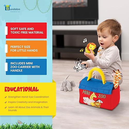 Miniatura 4 de Bundaloo Juego de figuras de peluche mini zoológico - Jirafa, elefante, león, cebra - Animales interactivos, portabebés con cierre de velcro,
