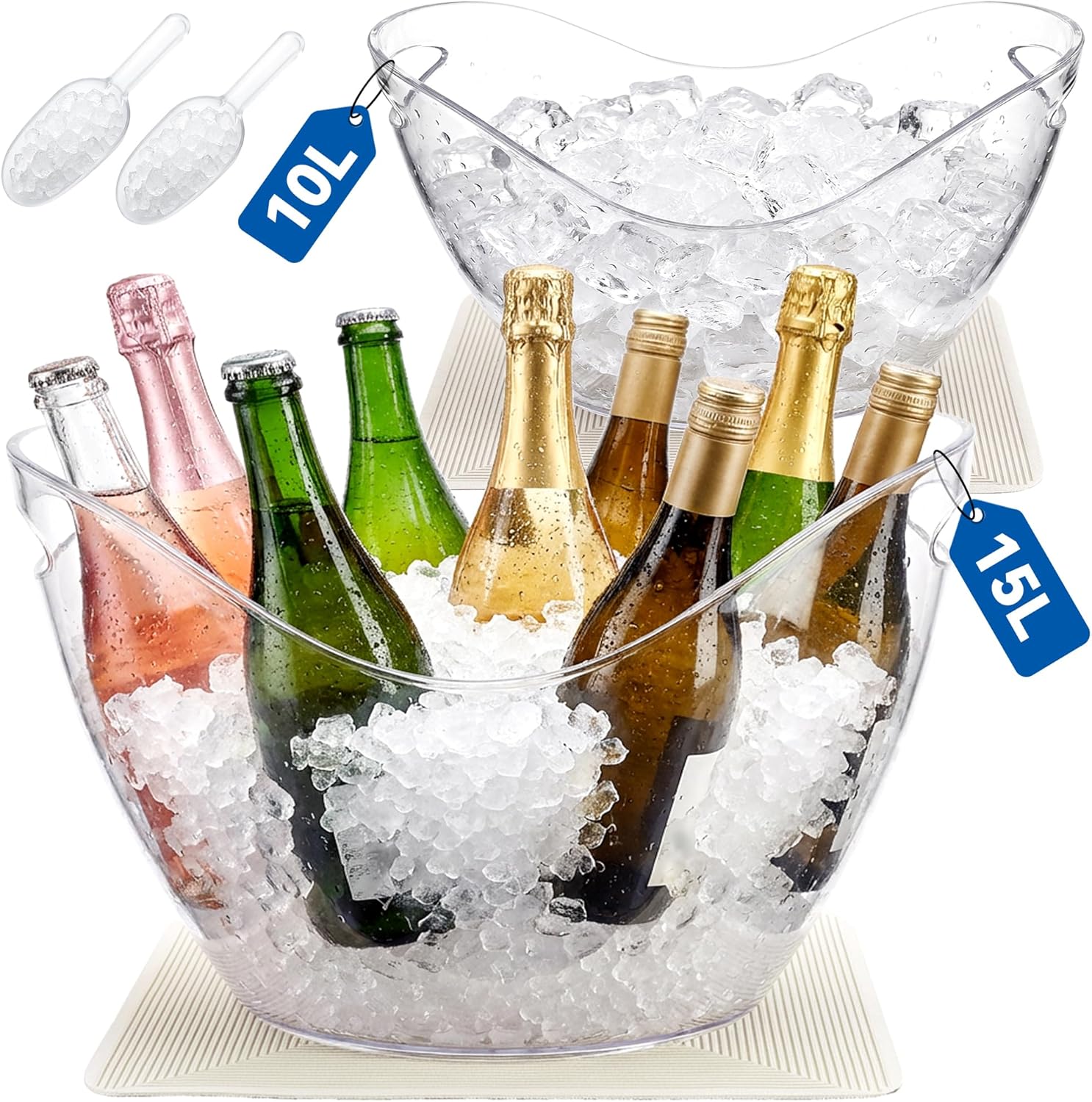 15L & 10L Large Ice Buckets for Parties, 2 Pcs Clear Acrylic Champagne Wine Buckets Durable Plastic Beverage Tub with Scoop and Drip Mat for Party, Cocktail Bar, Mimosa Bar(4 & 2.7 Gallon)