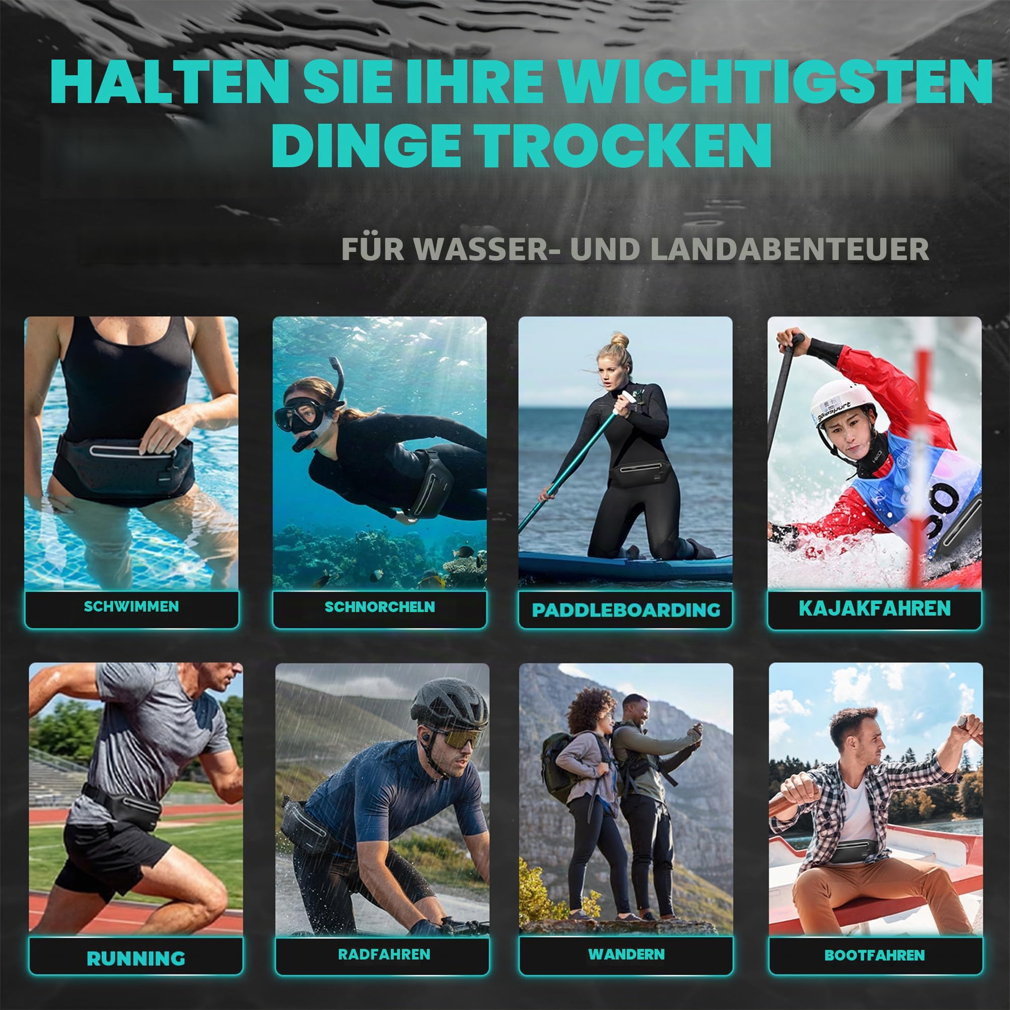 Drench wasserdichte Bauchtasche, Bauchtasche für Handy und Reiseutensilien, IPX8 Gürteltasche mit wandelbaren Riemen, Bauchtaschen für Damen und Herren, passend für iPhone, Samsung und mehr, Schwarz