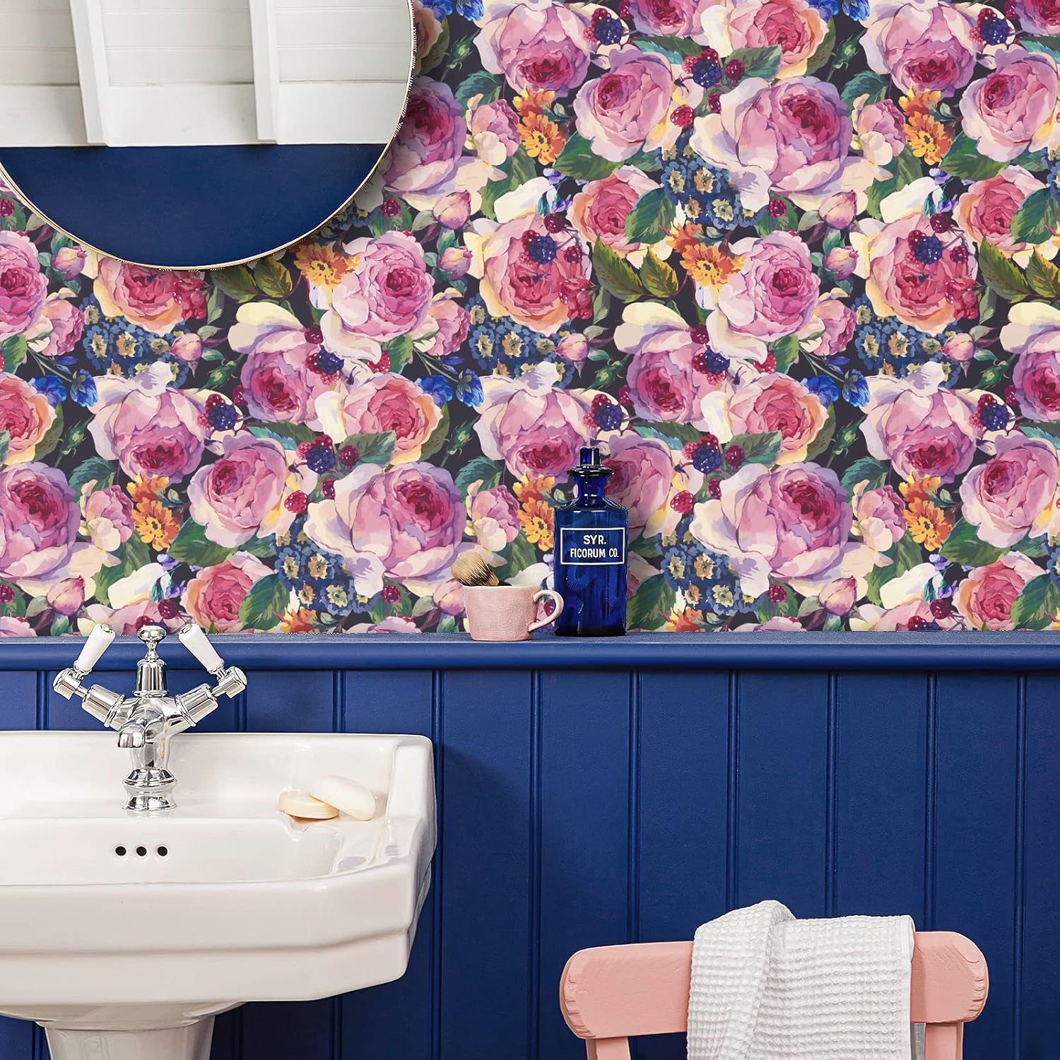 VaryPaper 17.7"x315" Dark Floral Wallpaper Peel and Stick Vintage Watercolor Peony Wallpaper Self Adhesive Flower Contact Paper Removable Floral Wall Paper for Bedroom Living Room Accent Wall