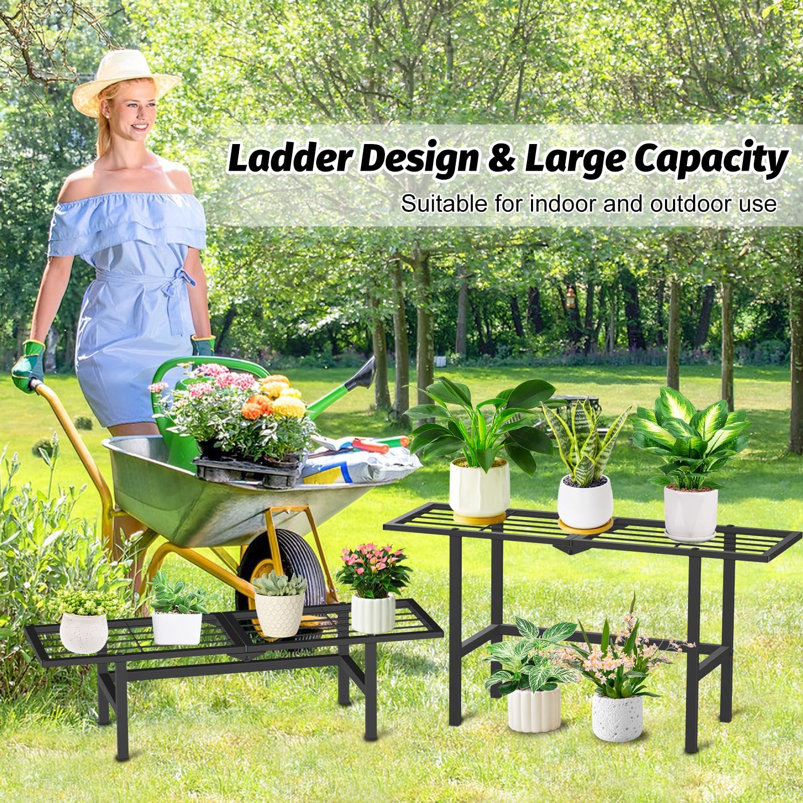Support pour plantes à 2 niveaux pour extérieur et intérieur, étagère séparée pliable en métal robuste, support d'échelle pour pots de fleurs, présentoir pour salon, jardin, balcon, terrasse