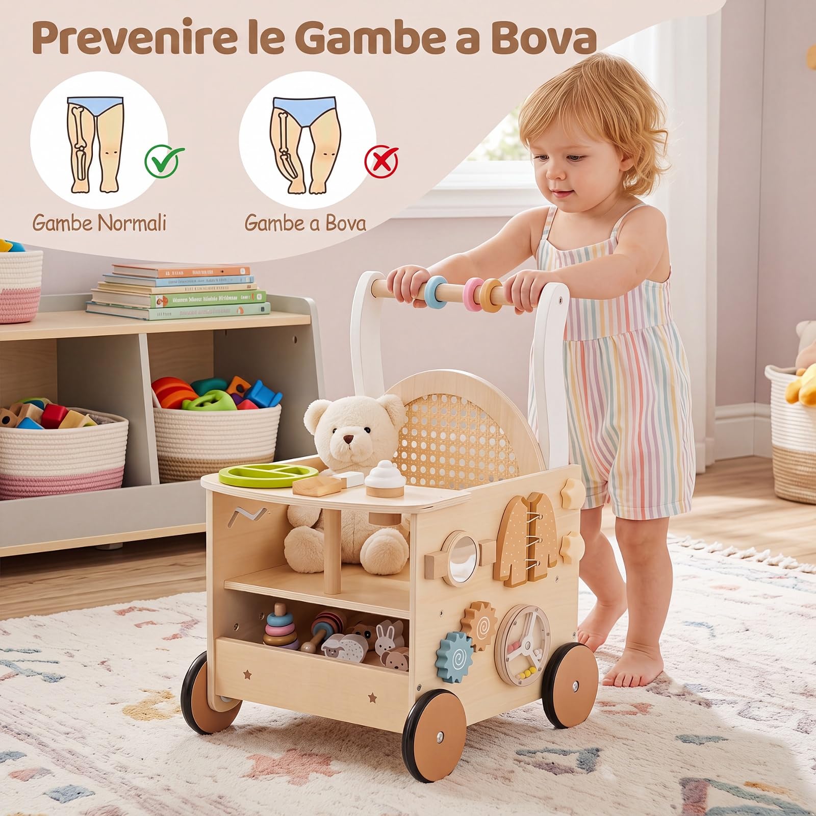 COSTWAY Carrello Primi Passi Legno Bambini, Giochi Montessori 12+ Mesi