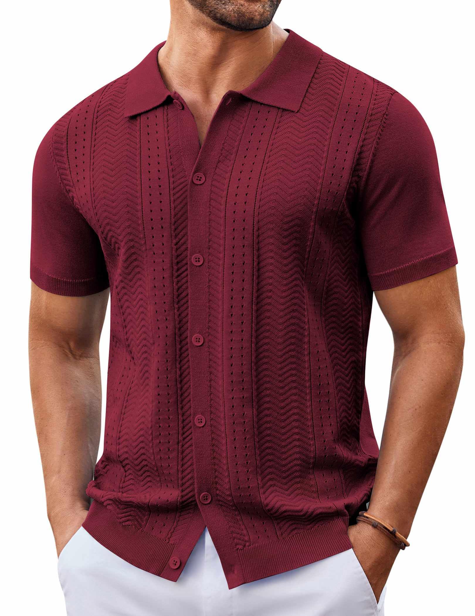 COOFANDY Mens Knit Button Down Shirt Short Sleeve Summer Casual Shirts Vintage Beach Vacation Shirts
