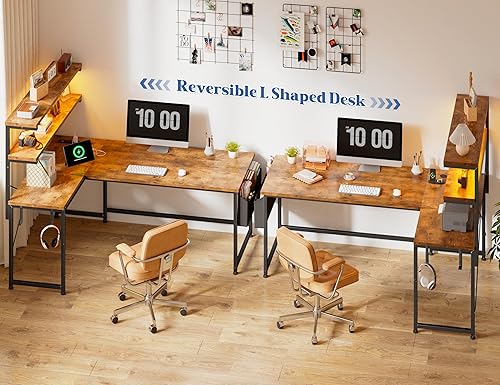 Miniatura 5 de Escritorio para juegos en forma de L con luz LED y toma de corriente, escritorio de oficina reversible en forma de L de 53 pulgadas con estante y