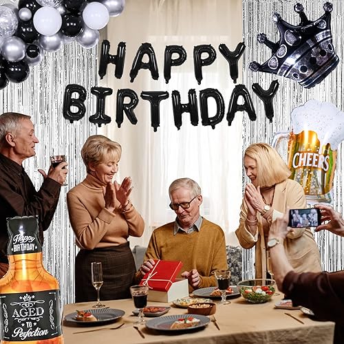 Miniatura 4 de Decoraciones de cumpleaños en blanco y negro para hombres mujeres niños y niñas kit de guirnalda de arco de globos negros y plateados decoraciones