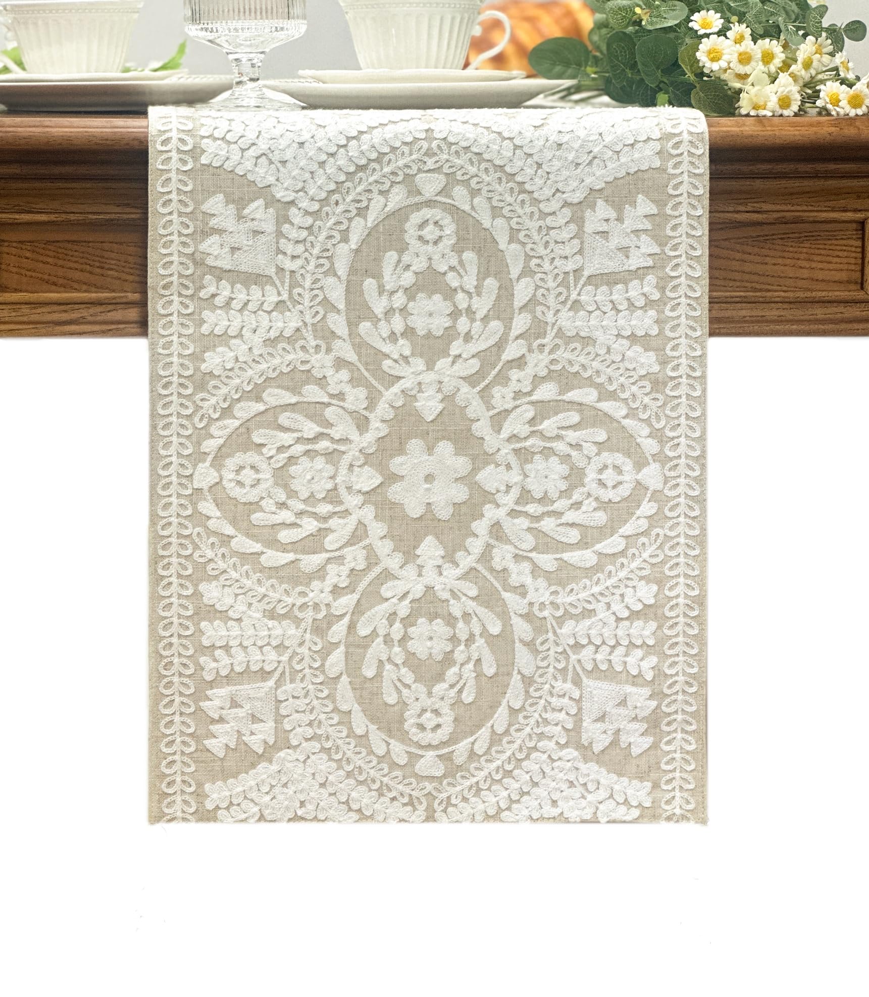 (SIMILAR ITEM) KEVA Boho Table Runner 72inches Long, Farmhouse Linen Table Runner, Rustic Vintage White Embroidered Table Runners 13x72 Inch for Dining Table Decorations