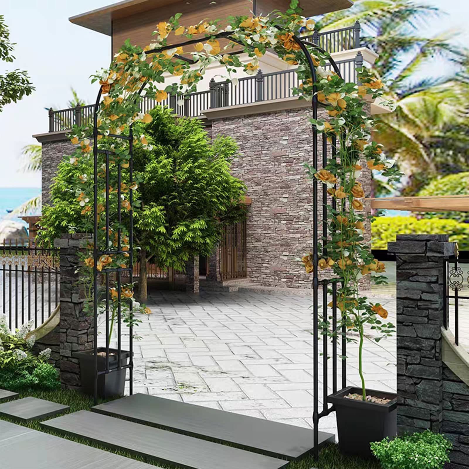 Produktbild von Verzinkt Massiv Rosenbogen Torbogen Garten Rankgitter Rosenhilfe Aus Pulverbeschichtetem Stahl, Gartenbogen Rankbogen Für Garten Decoration Und Verzierung Kletterer Wetterfest 240 X 120 X 40 Cm
