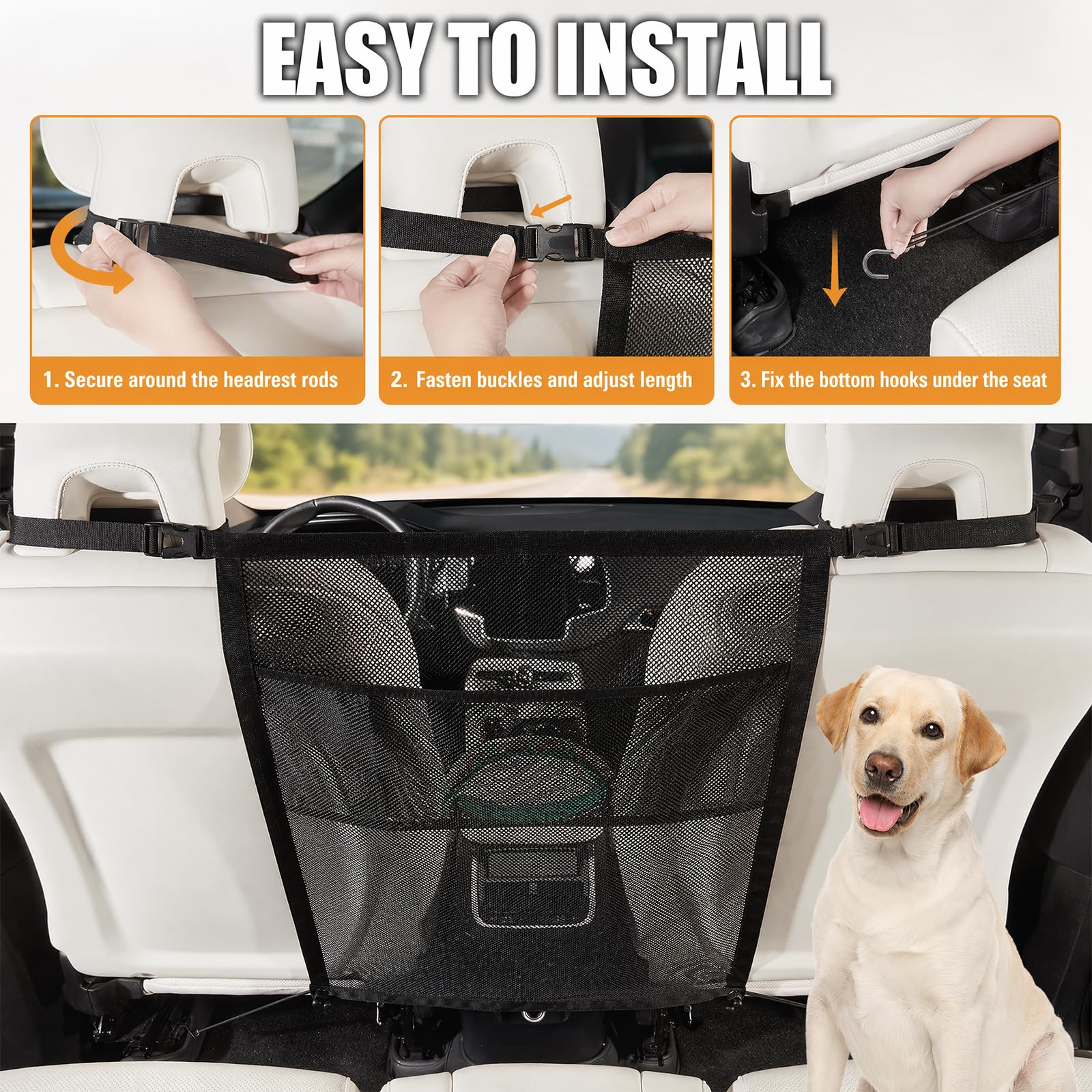 Griglia per cani per auto, 69 cm x 57 cm, regolabile, universale, con tasche portaoggetti, griglia divisoria per bagagliaio e sedile posteriore, barriera di sicurezza contro il cane dal