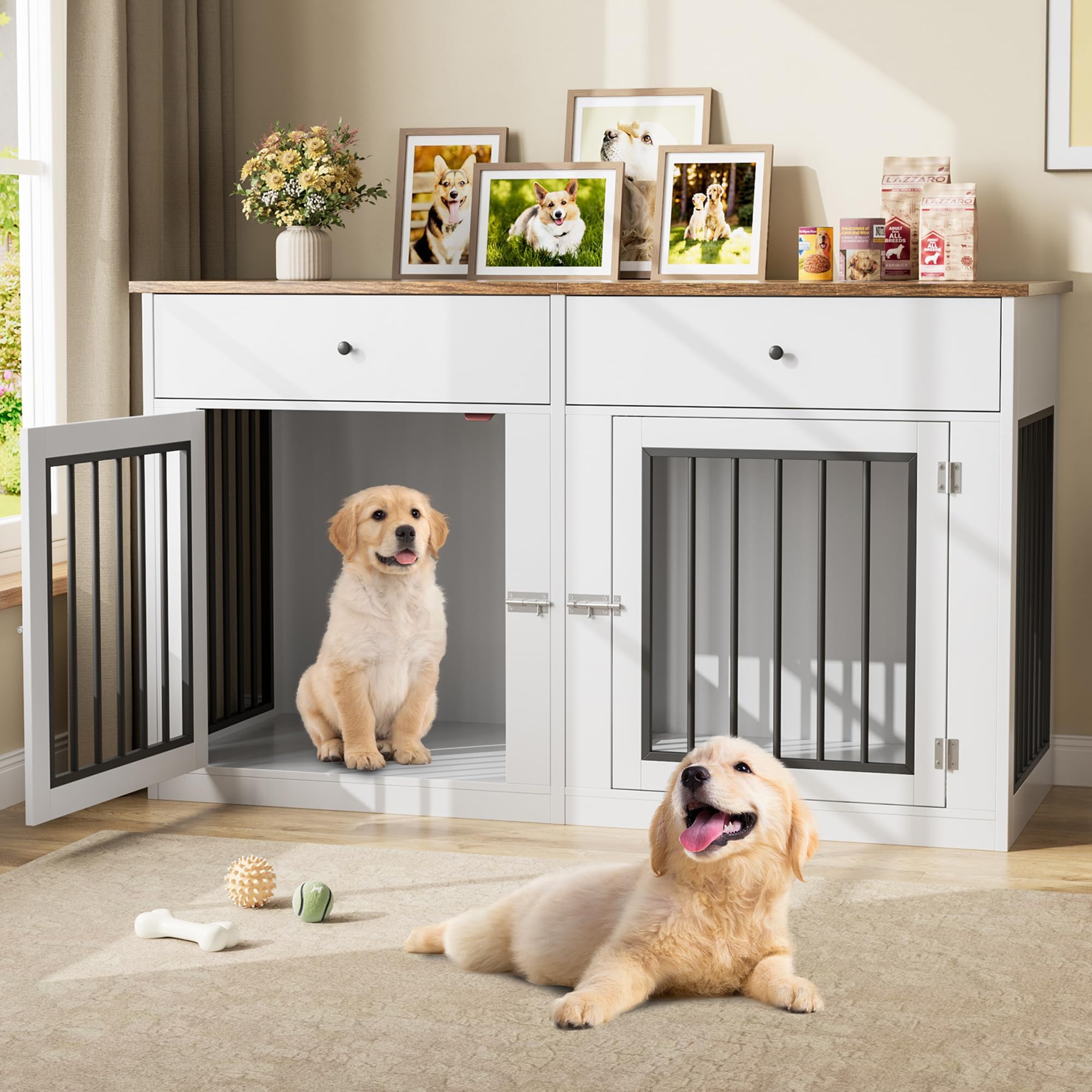 Garvee 60" Dog Crate Furniture for 2 Dogs, Heavy Duty Dog Kennel Furniture TV Stand with 2 Drawers, Dog Crates for Small Medium Dogs, Dog Cage End Table for Indoor Use, White