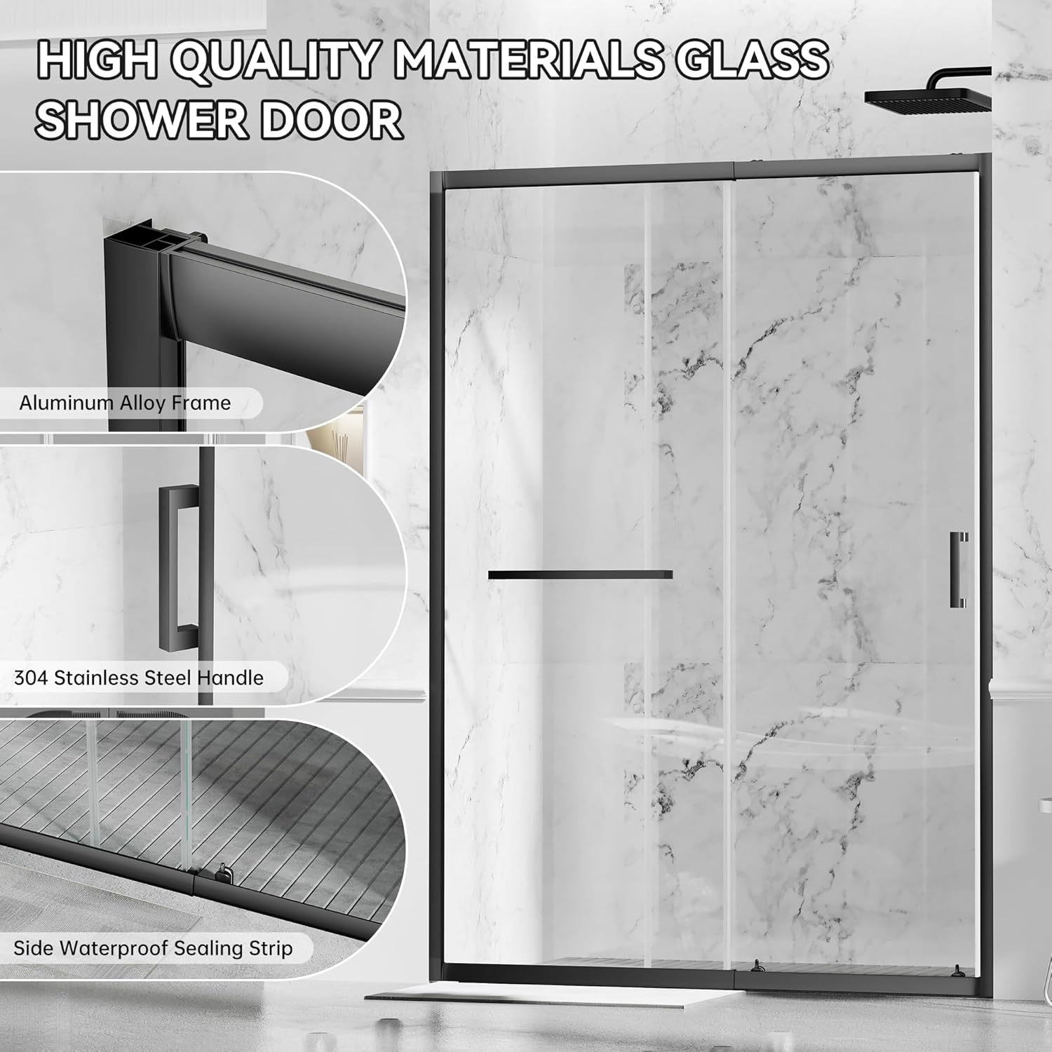 Findepot Sliding Shower Door - 52-60" W ×75" H Shower Glass Door, 1/4" (6mm) SGCC Clear Tempered Glass Shower with Explosion-Proof Film, Magnetic Closure, Matte Black Finish, Reversible Installation