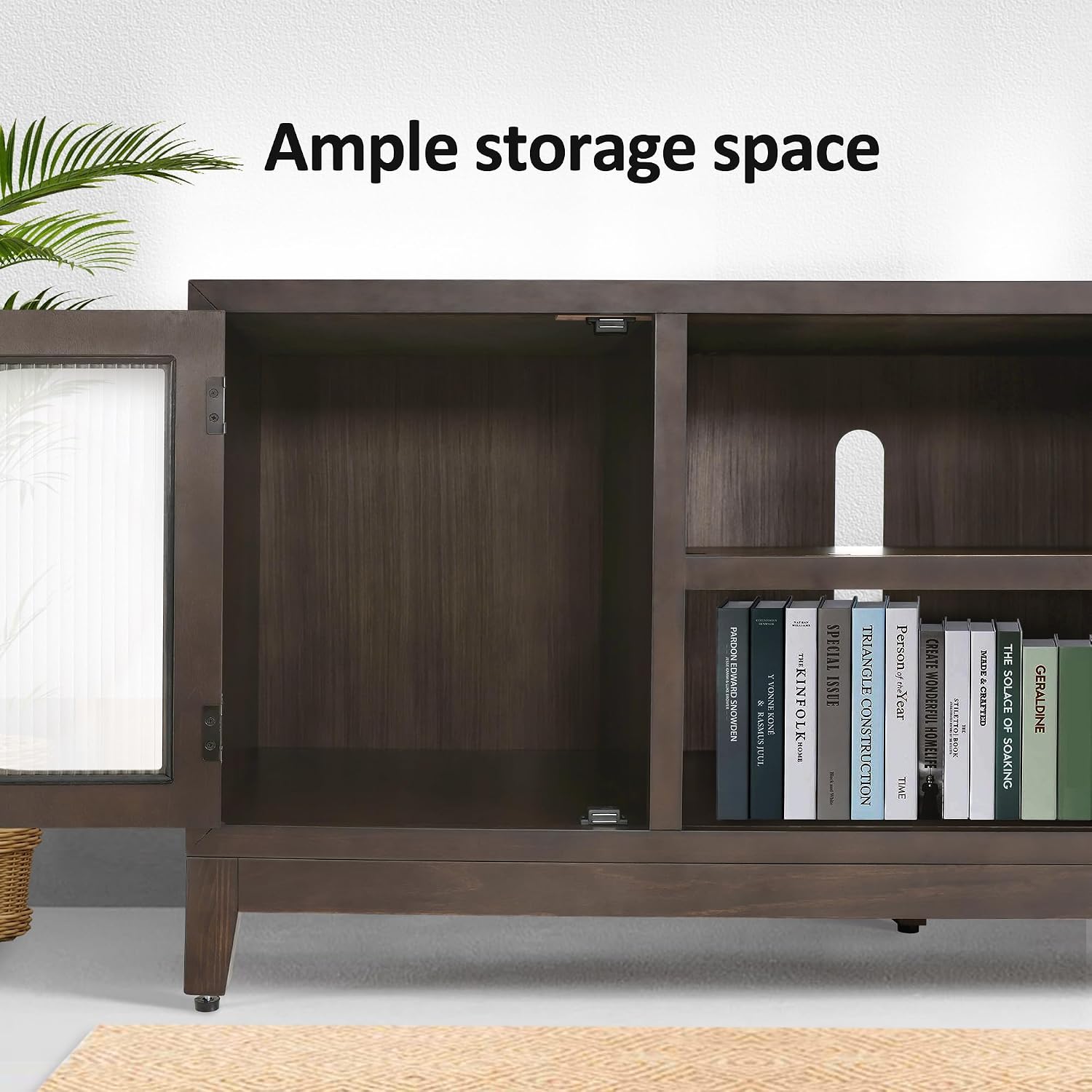 MCombo Modern TV Stand for 65 Inch TV, 60 Inch Entertainment Center with Solid Rubber Wood Storage Space for Living Room, Wooden TV Console with Glass Door, Adjustable Feet, TV325