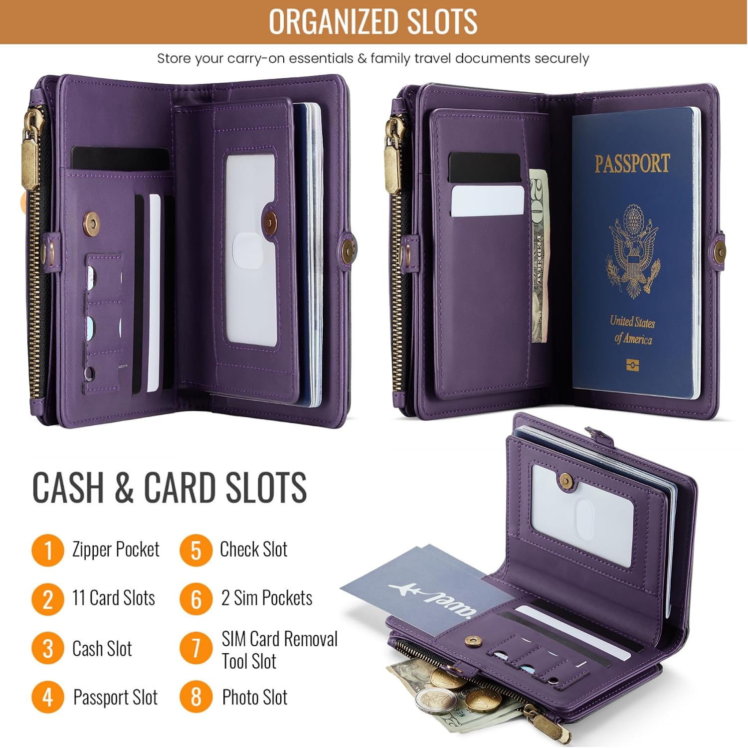 Passport Holder Wallet, RFID Blocking Travel Organizer with 12 Card Slots, Zippered Coin Pocket & Detachable Wrist Strap Secure Magnetic Closure Passport Case for Men & Women (Purple)