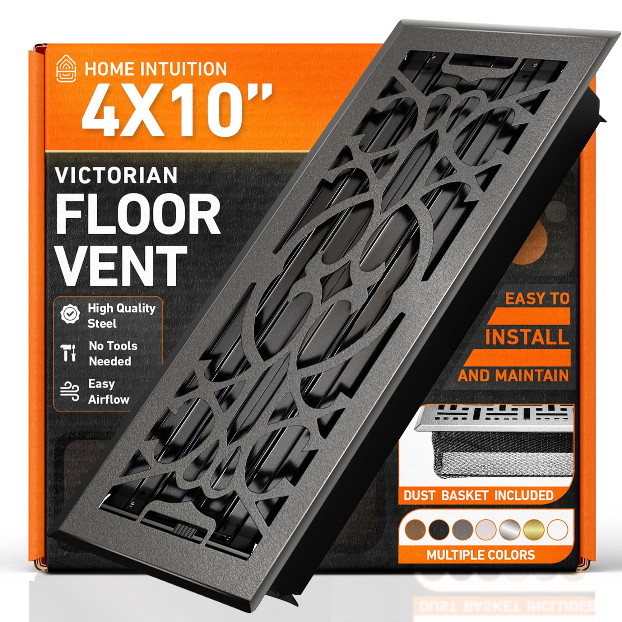 Home Intuition Dark Gray 4X10 Floor Vent Covers Floor Register With Mesh Cover Trap, Heat And Air, Walkable Metal Floor Vent For Hvac Duct, Victorian, Dark Grey