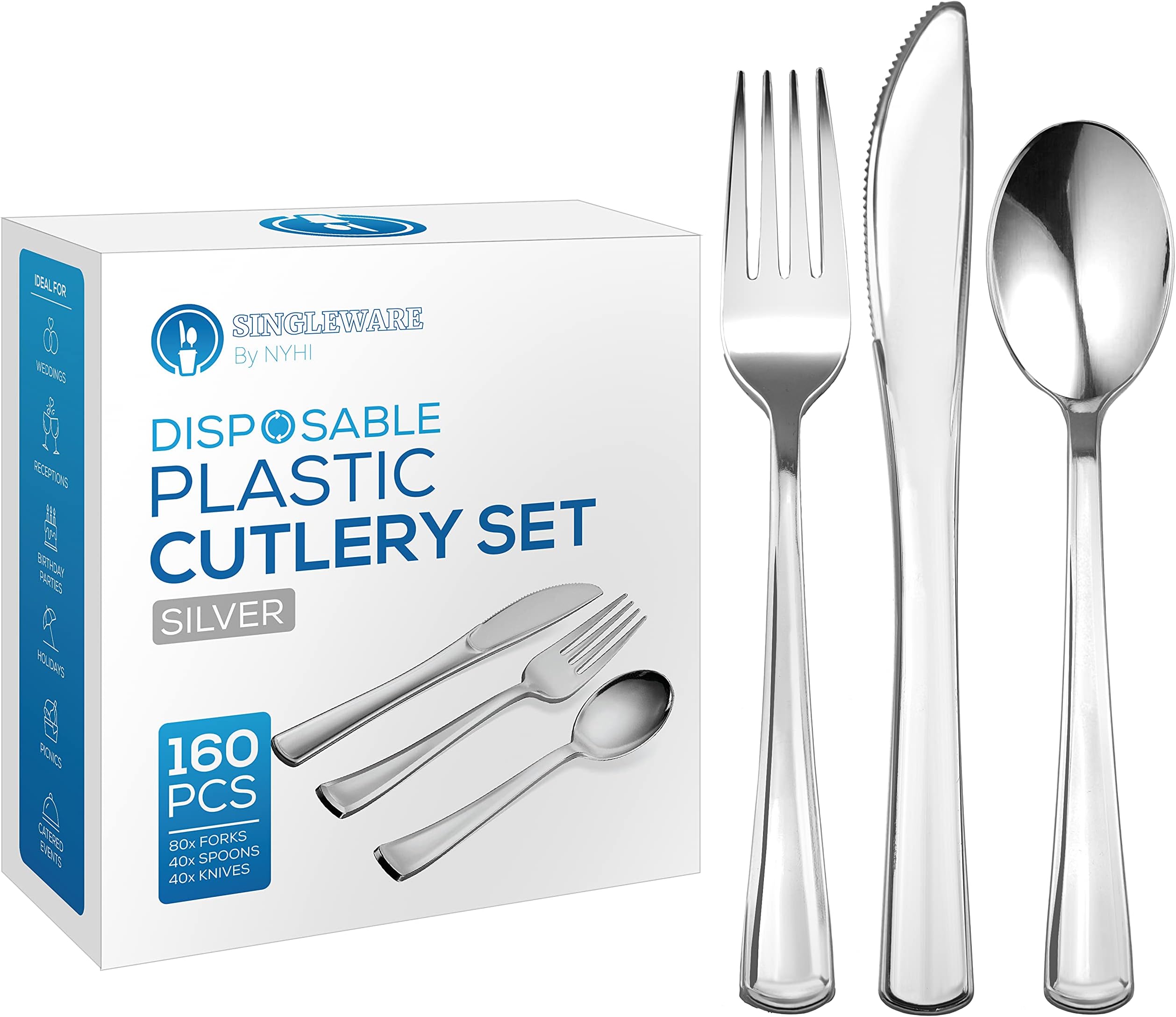 Heavy Duty Plastic Silverware Set 160 Piece Disposable Cutlery Set Includes 80 Forks 40 Knives 40 Spoons High End Plasticware Is Perfect For Catering Parties Dinners Weddings Everyday Use