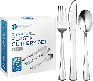 Heavy Duty Plastic Silverware Set | 160 Piece Disposable Cutlery Set Includes 80 Forks, 40 Knives & 40 Spoons | High End Plasticware Is Perfect For Catering, Parties, Dinners, Weddings & Everyday Use
