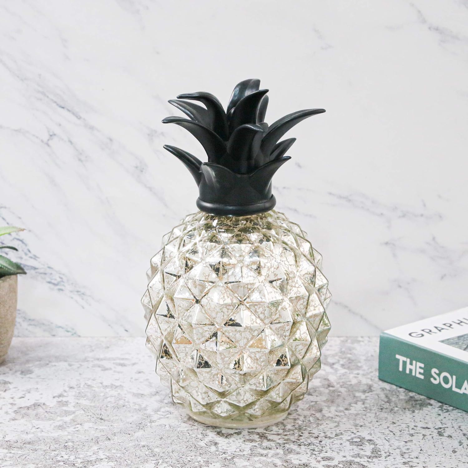 Romingo Mercury Glass Pineapple Lamp 9 Inch Batteries Operated Night Light with Timer for Living Bed Room, Women's Gift for Wife Girl Friend Silver