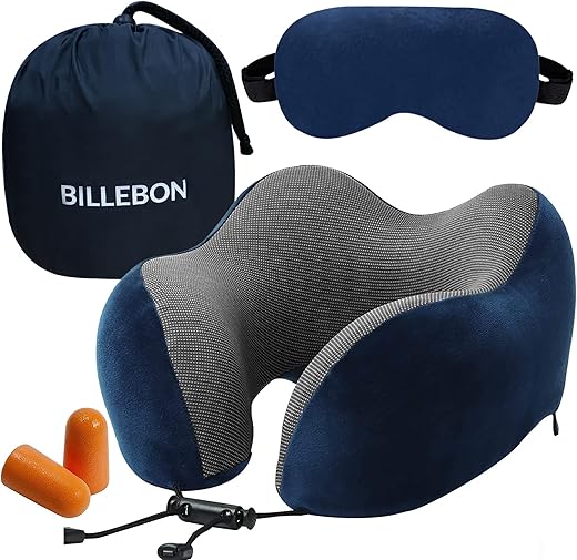 Billebon Premium Memory Foam Travel Neck Pillow Combo with Soft Eye Mask, Carry Bag, and Ear Plugs (Navy Blue with Eye Mask)