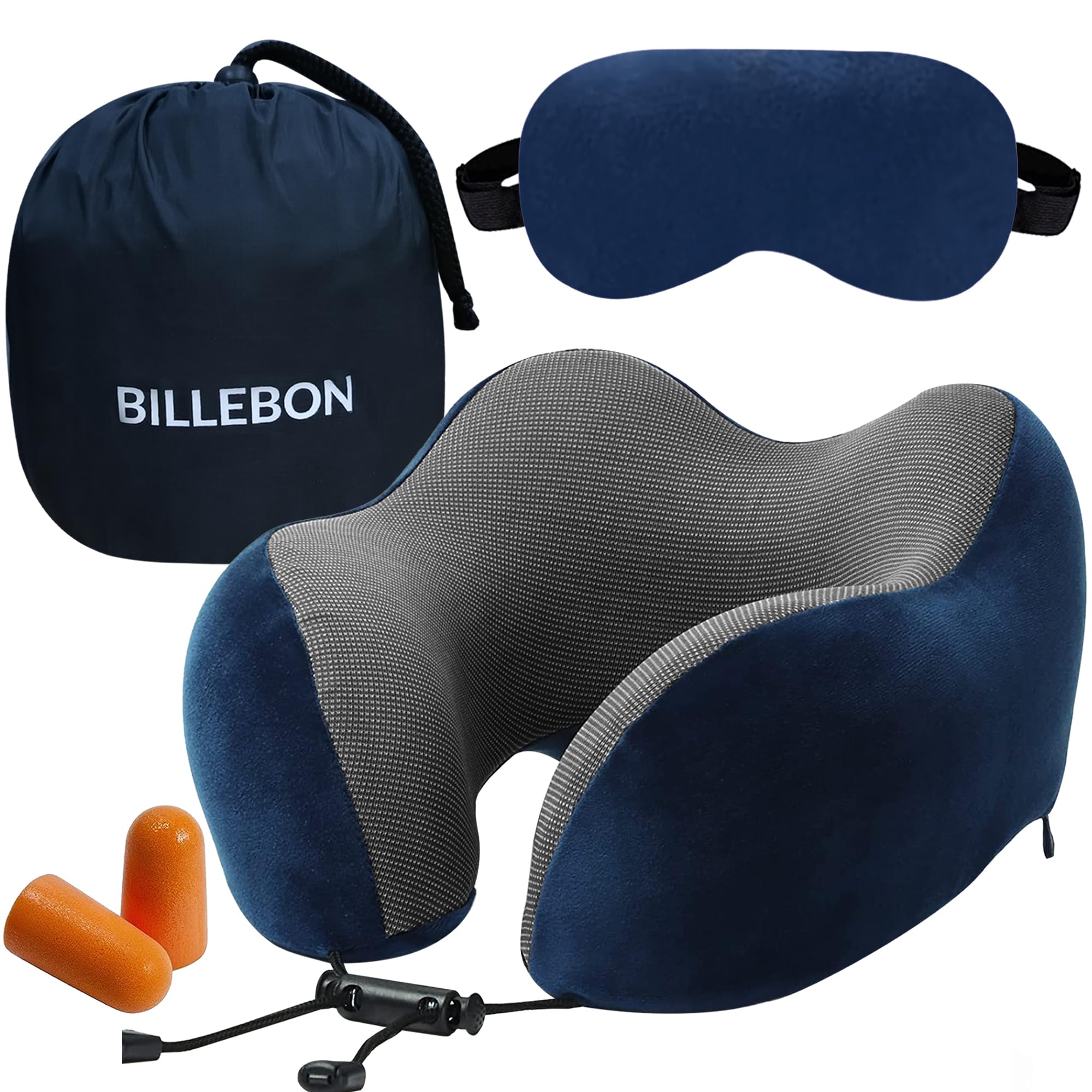 Billebon Premium Memory Foam Travel Neck Pillow Combo with Soft Eye Mask, Carry Bag, and Ear Plugs (Navy Blue with Eye Mask)-image-6