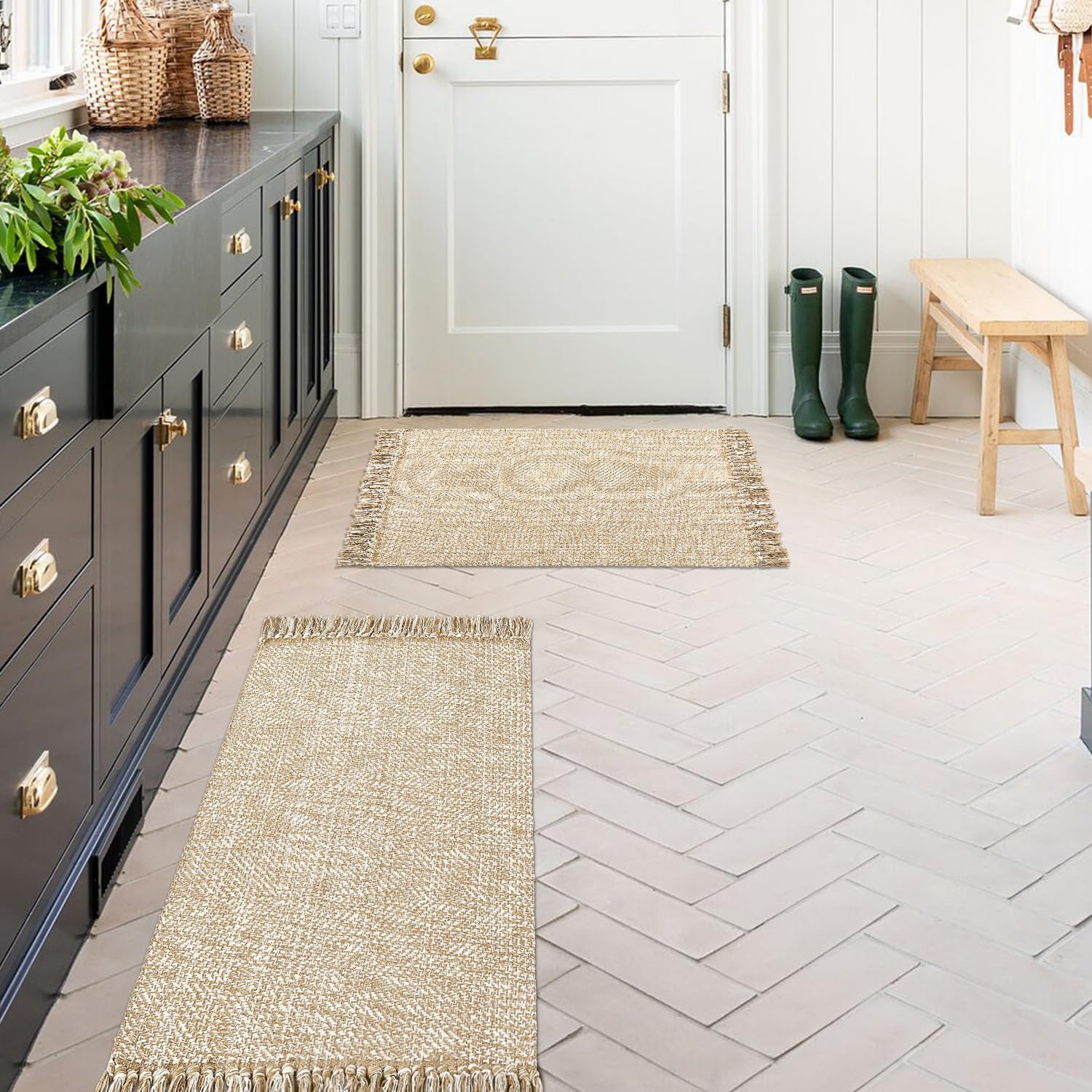 MitoVilla Bauernhaus-Badezimmerteppich-Set, 2-teilig – 6x90 Cm + 6x10 Cm, Hellbraun/creme, Waschbar