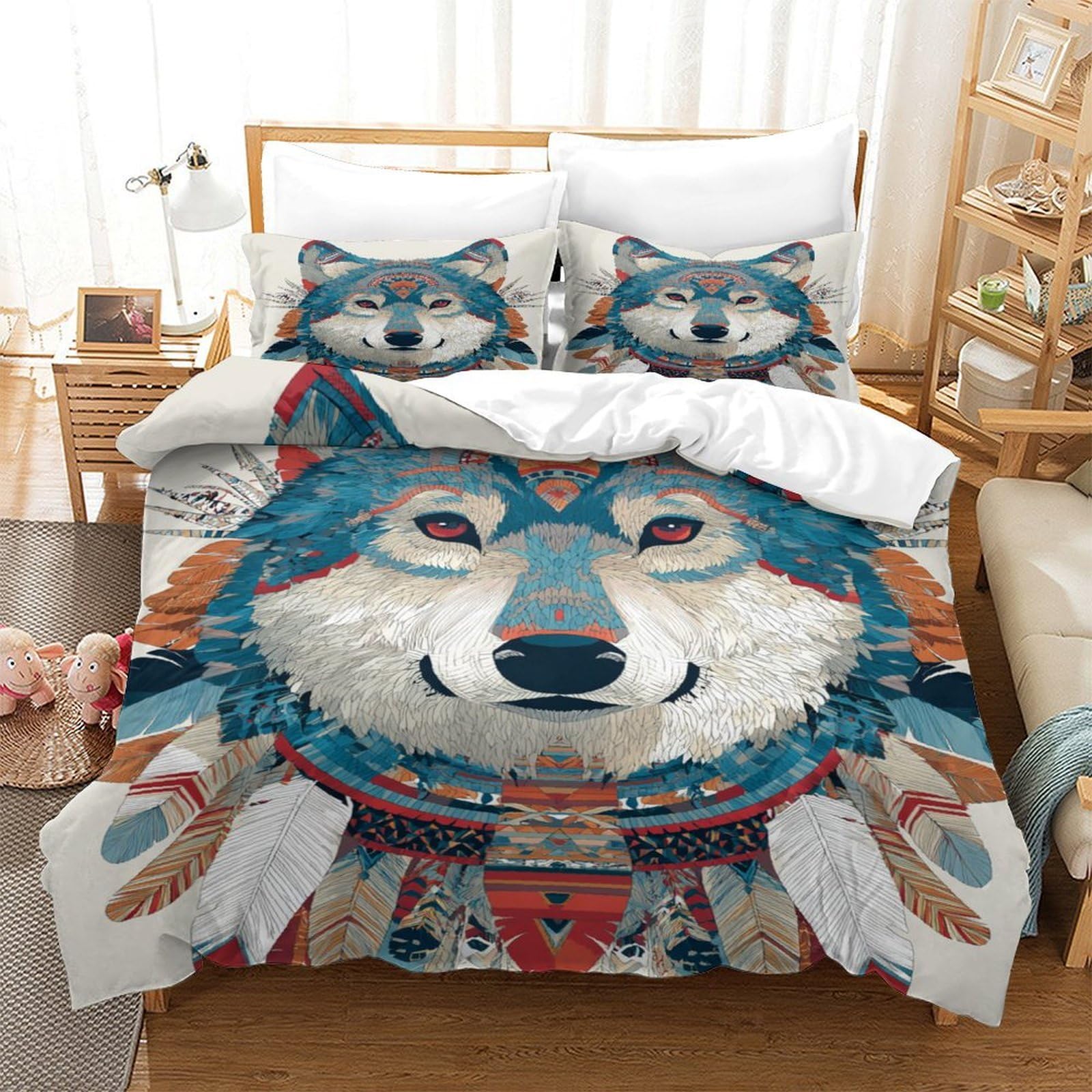 QDZHCPMYK Wolf Duvet Cover 3 PCS Hotel Quality Quilt Cover Bedding Bed Covers with Pillowcases with Zipper Closure Breathable Stylish Comforter Single（140x200cm）