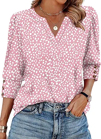  3/4 Length Sleeve Womens Tops with Button Cuffs Dressy Casual V Neck Summer Outfits Early Fall Fashion Spring Clothes