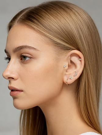 6 Pairs Sterling Silver Earrings Gold Hypoallergenic Stud Earrings for Women with Shiny Cubic Zirconia Small Earring for Multiple Piercings