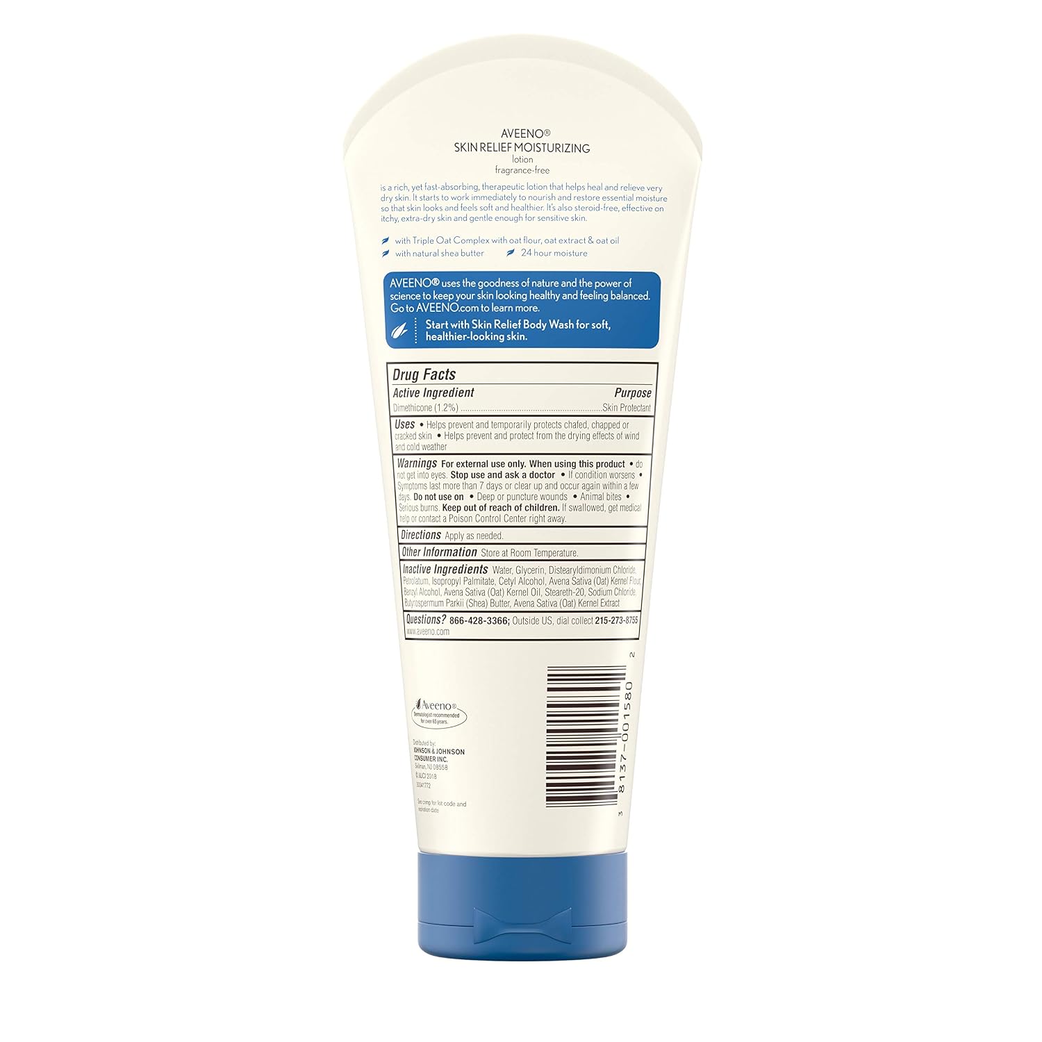 Aveeno Skin Relief 24-Hour Moisturizing Lotion for Sensitive Skin with Natural Shea Butter & Triple Oat Complex, Unscented Therapeutic Lotion for Extra Dry, Itchy Skin, 8 fl. oz