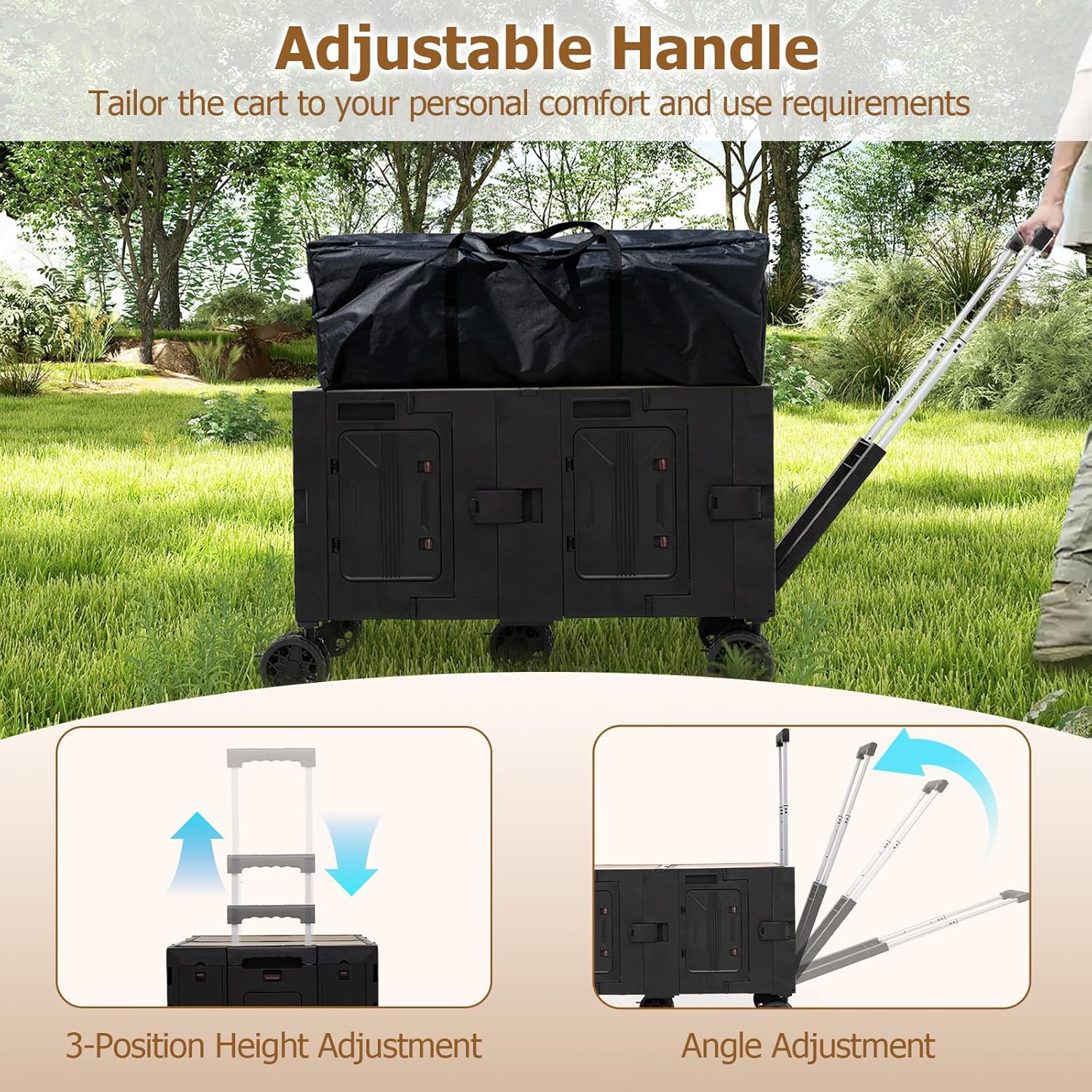 Goplus Large Foldable Utility Cart w/ 2-Tier Storage Crates, 5 Rotate Wheels, Metal Telescoping Handle, Portable Rolling Trolley Collapsible Cart for Grocery Shopping Camping & Travel