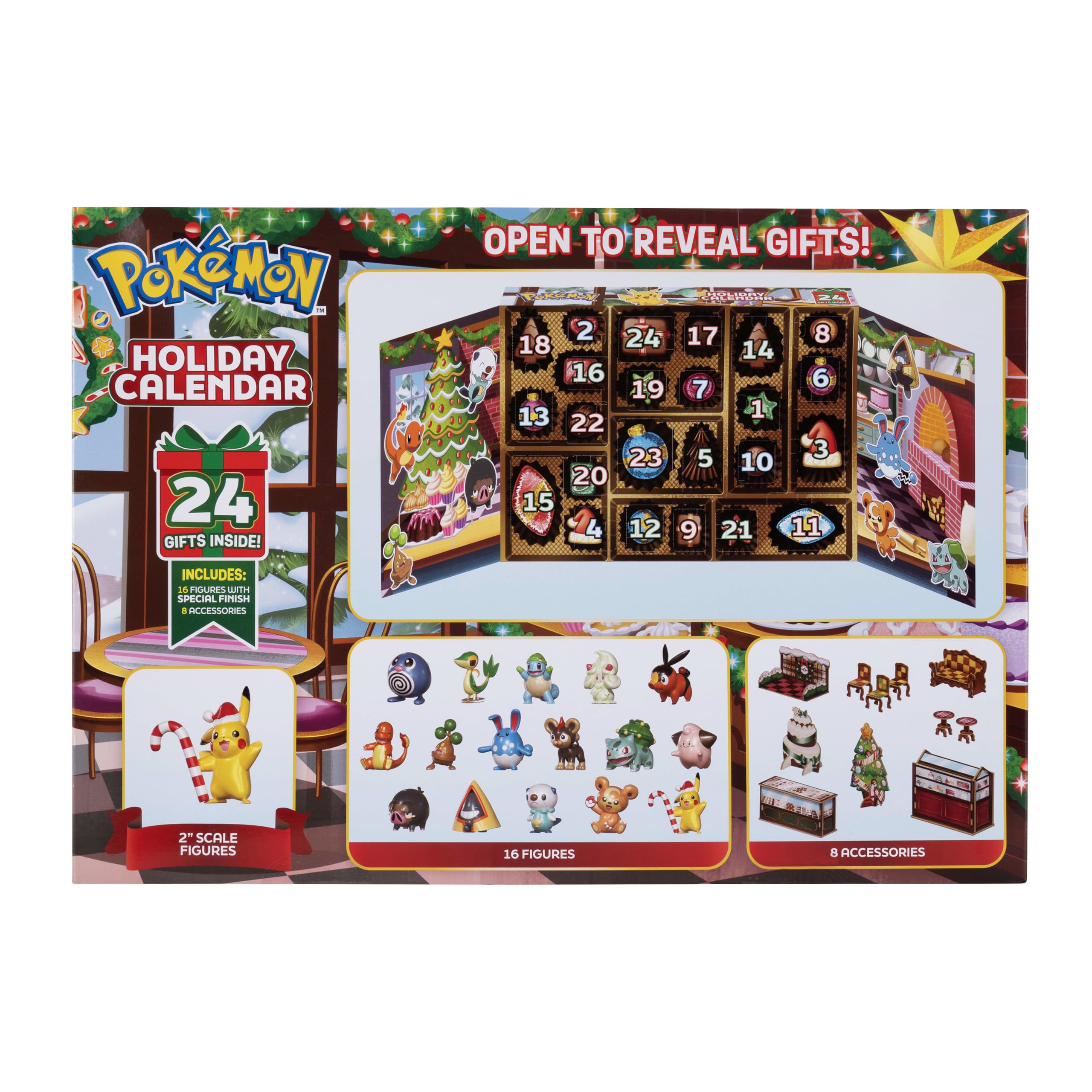 Pokémon Calendrier de l'avent Pokémon 2025 – Comprend 16 figurines de combat de 5 cm avec une finition spéciale et 8 accessoires uniques