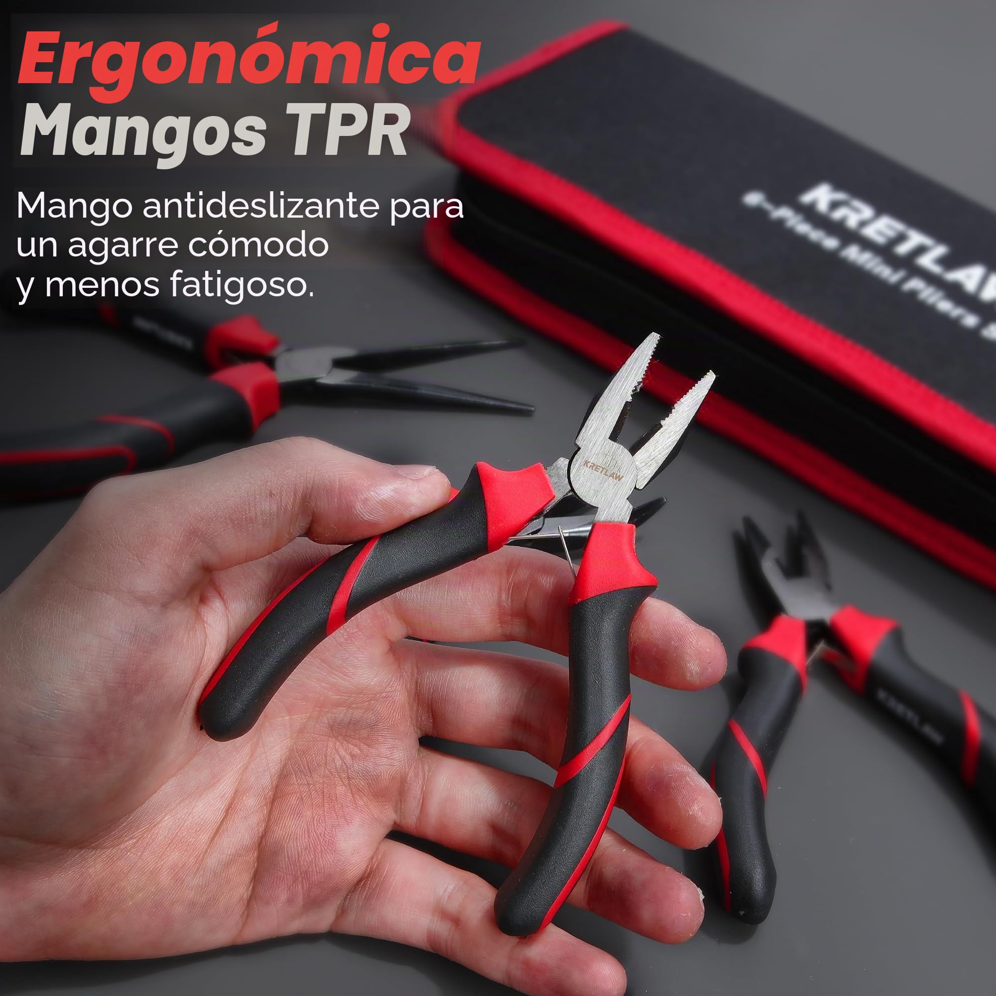 KRETLAW Juego de Alicates Mini 6 Piezas – Punta fina, punta larga, punta curva, corte diagonal, corte frontal y electricista para bricolaje, reparación electrónica y joyería con estuche