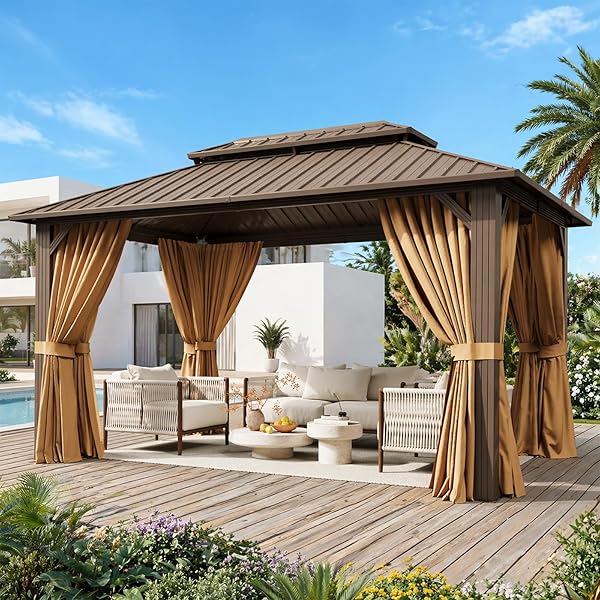 10x12FT Hardtop Gazebo, Metal Frame with Double Galvanized Steel Roof, Permanent Outdoor Pergola with Curtains and Netting Included for Backyard, Patio, Lawn and Garden, Brown