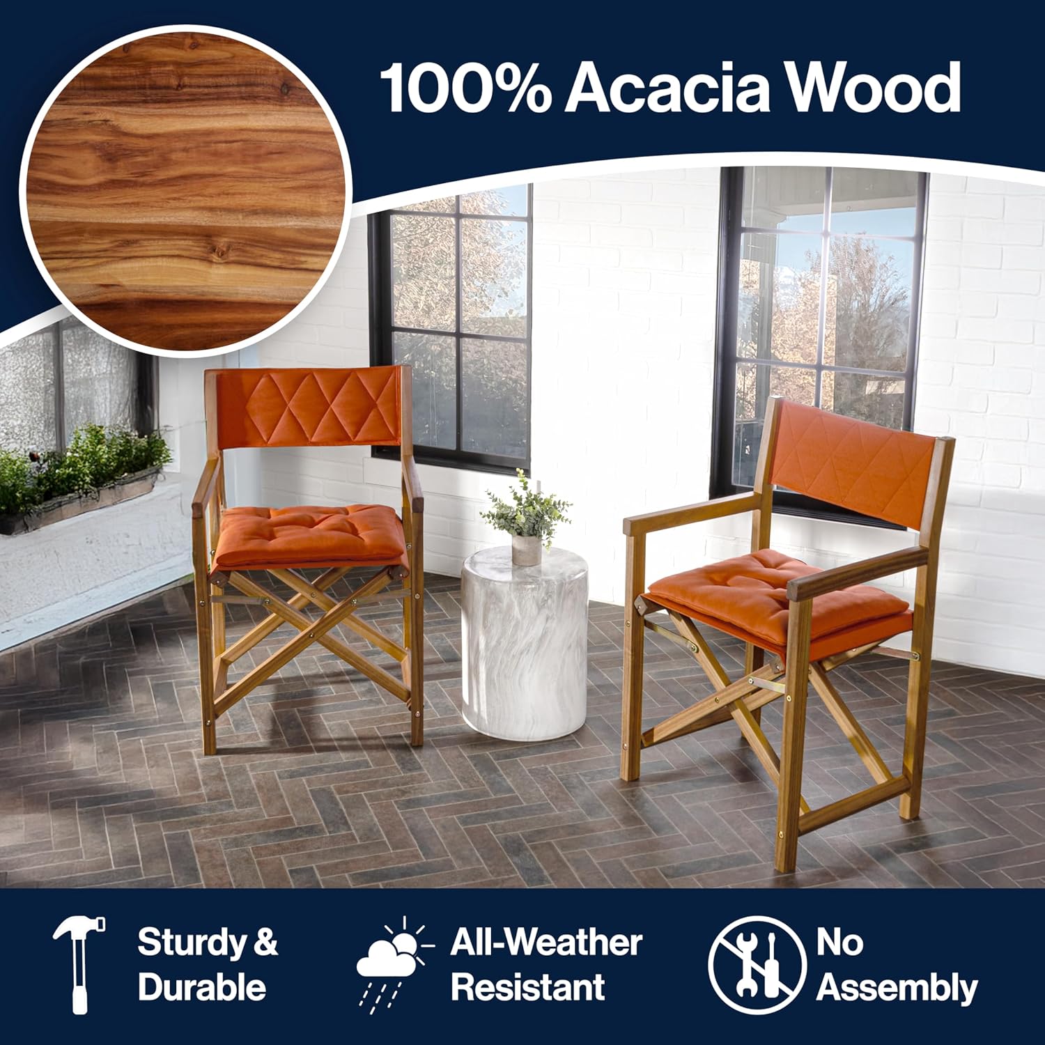 JONATHAN Y Waldo Teak Brown Acacia Wood Outdoor Director Chair Set of 2 for Patio & Balcony, Foldable Coastal Armchair with Orange Diamond-Quilted Cushions DRC1002B-SET2