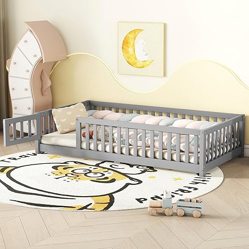 Cama de suelo de tamaño individual para niños, cama Montessori de madera con rejillas, valla de seguridad y puerta, marco de cama de piso con rieles