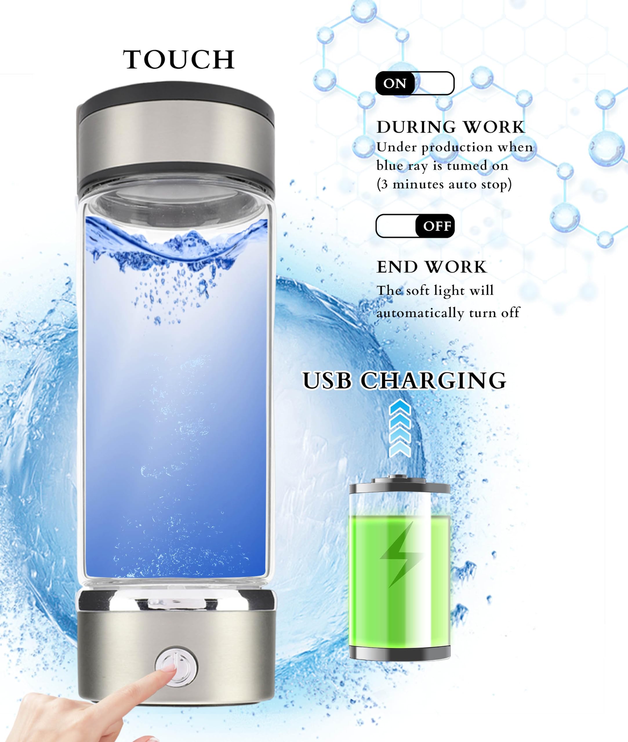 Bottiglia D'Acqua di Idrogeno, Bottiglia Portatile per Generatore di Acqua di Idrogeno, Tazza di Acqua Ricca di Idrogeno con Ricarica USB, Bottiglia di Ionizzatore D'Acqua da 420