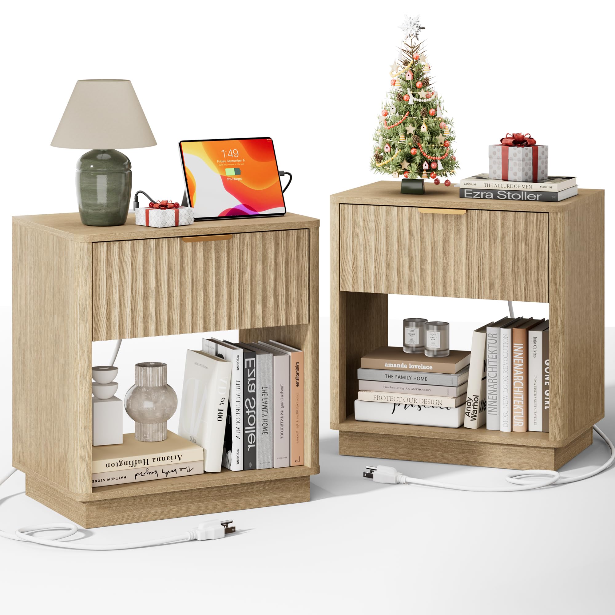 FavourLife Fluted Nightstand, Night Stand Set 2, 23" Wide Nightstands Set of 2 with Charging Station, Large Wooden End Table with Drawer, Modern