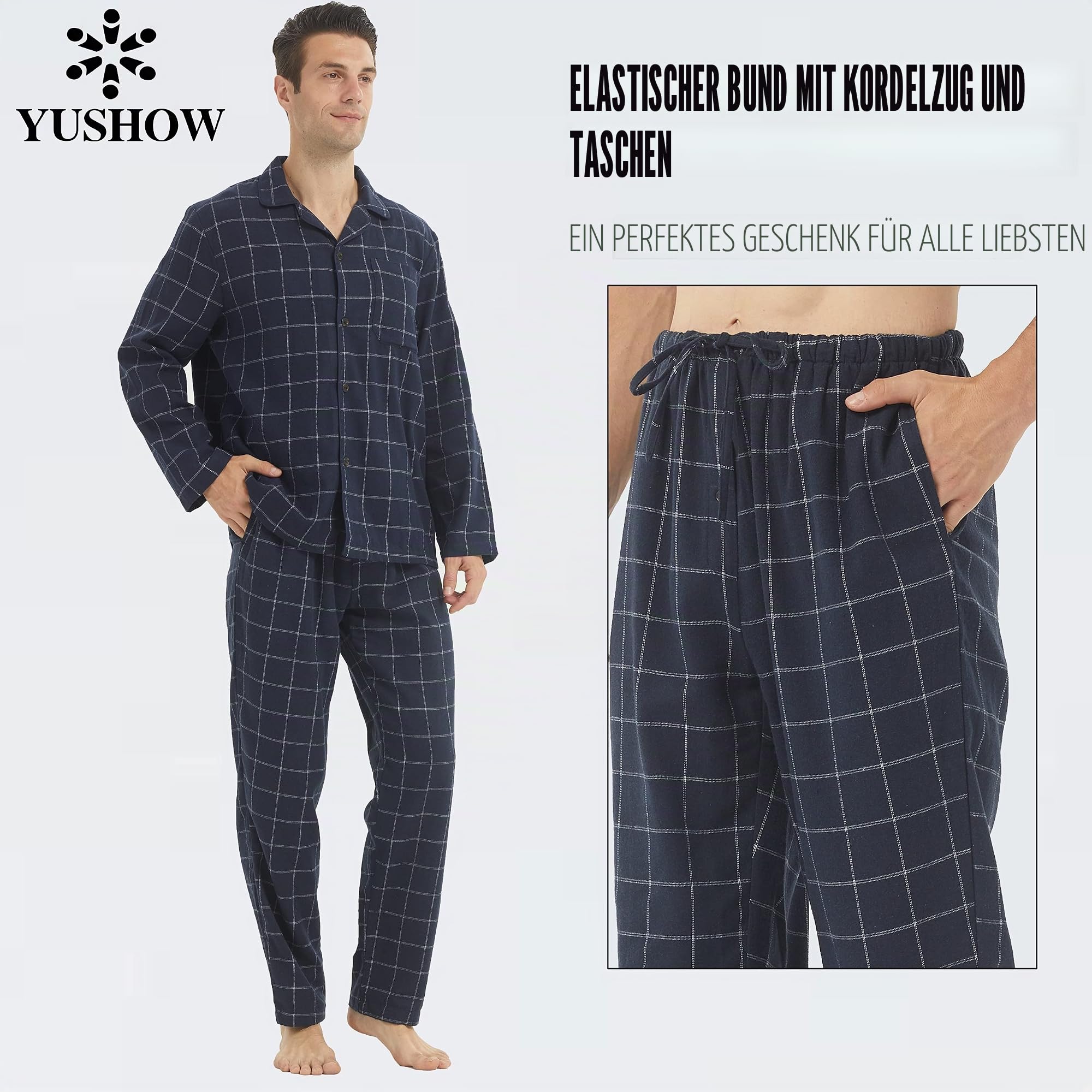 YUSHOW Schlafanzug Herren Lang Zweiteiliger Flanell Baumwolle Winter Karierte Schlafanzüge Ultraweiche Langarm Oberteil Weich Pyjamahose mit Tasche Männer Pyjama Set