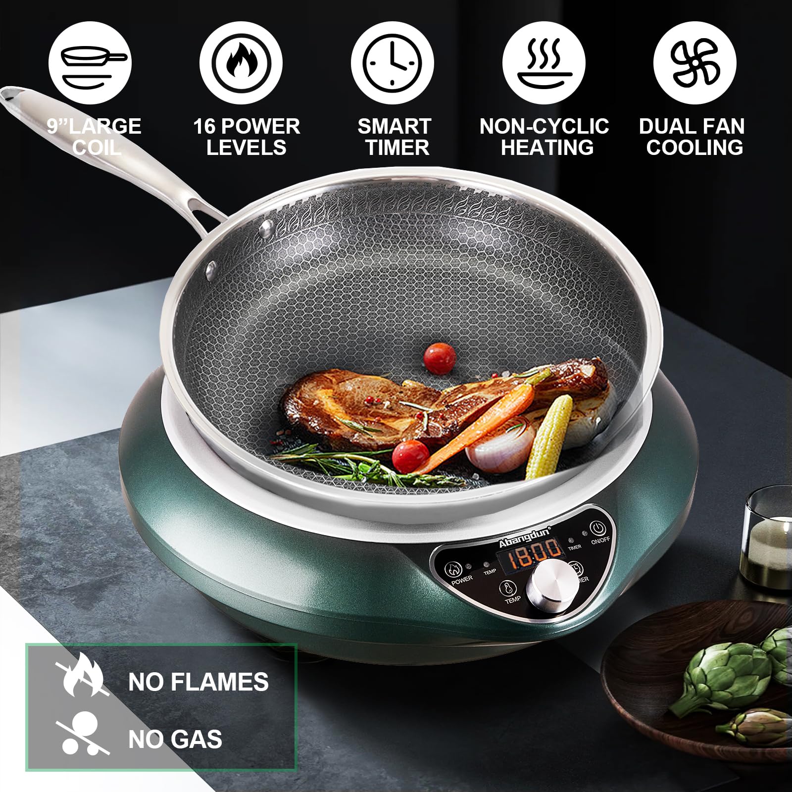 Abangdun Induction Cooktop with Skillets1800W 120V Burner Cooker Nonstick Flat Pan Electric Stove Hot Plate Heat Evenly Fry Pan for Steak