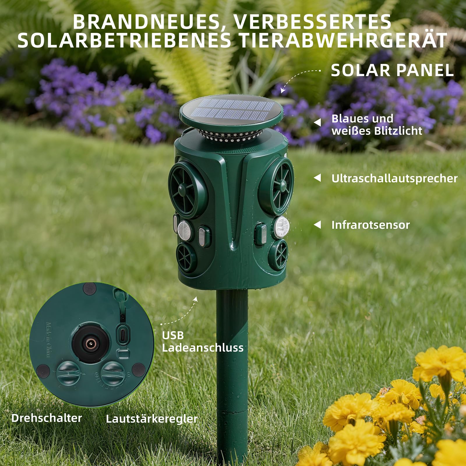Katzenschreck Ultraschall Marderschreck, 360 Grad Katzenschreck für Garten mit LED-Blitzlicht, IP66 Wasserdicht 5 Modus Solar Tiervertreiber – Katzenabwehr Marderabwehr Vogelabwehr Waschbär Abwehr